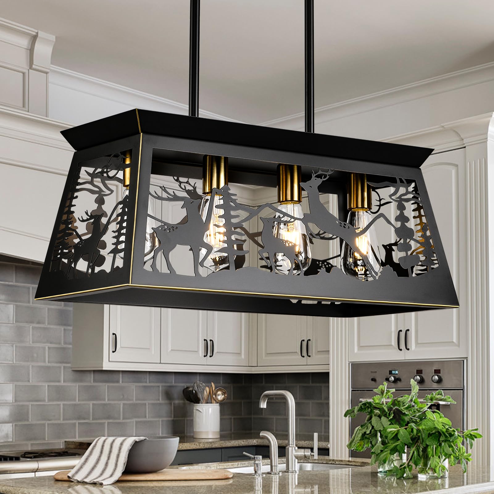 Rustic Black Rectangle Farmhouse Chandelier - 24-Inch 4-Light Deer Design Pendant Lighting for Dining Room, Kitchen Island & Table - Perfect for Country Homes, Cabin Decor & Farmhouse Style Interiors