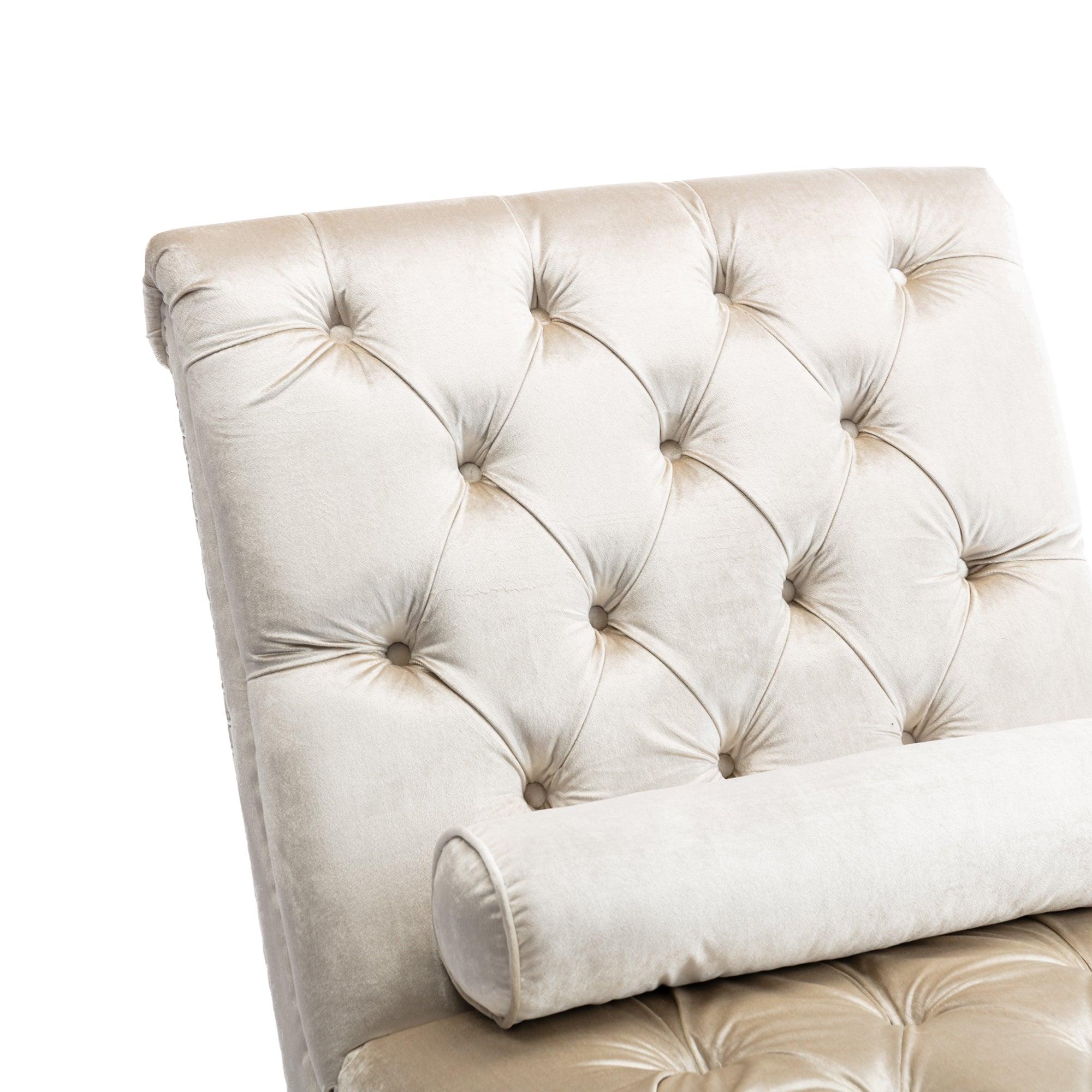 Luxury Velvet Chaise Lounge Chair - Button Tufted Upholstered Sofa with Pillow for Bedroom, Living Room & Office - Elegant Beige Velvet - Perfect for Relaxing, Reading & Home Decor