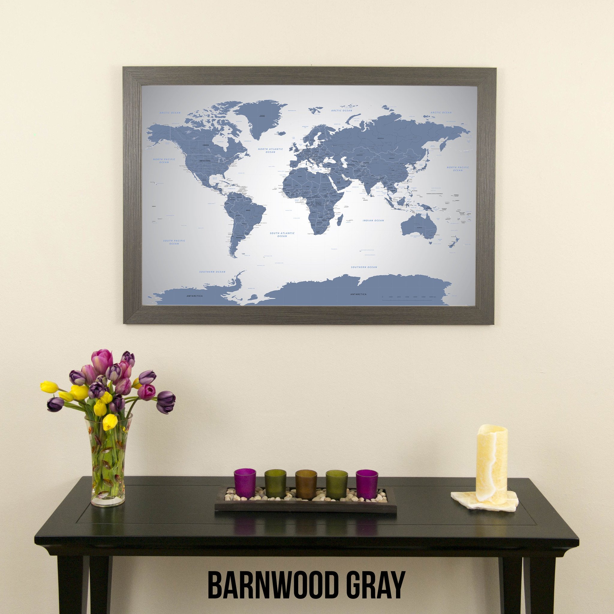 Custom Push Pin Travel Map - Blue Ice World Design on Barnwood Gray Frame | 27.5x39.5 Inch Wall Art with 150 Pins | Handmade in USA | Perfect for Travel Lovers, Home Office Decor & Gift Ideas