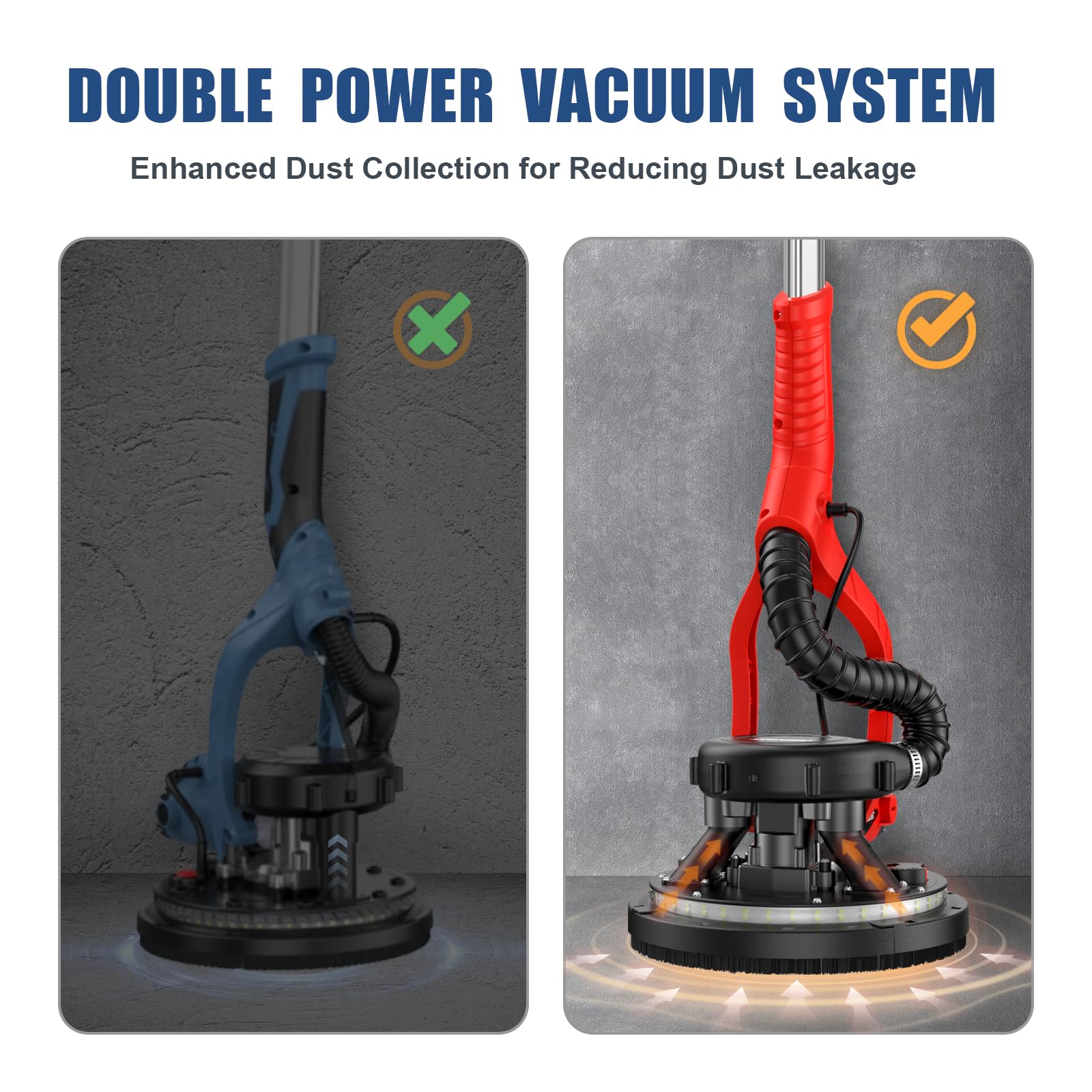 950W 8-Amp Drywall Sander with Vacuum Attachment - 7 Variable Speed Dust Collector - Lightweight Dustless Wall Sander with 360° LED Light for Ceiling, Floor & Popcorn Texture Removal - Perfect for Home Renovation & Professional Drywall Repair