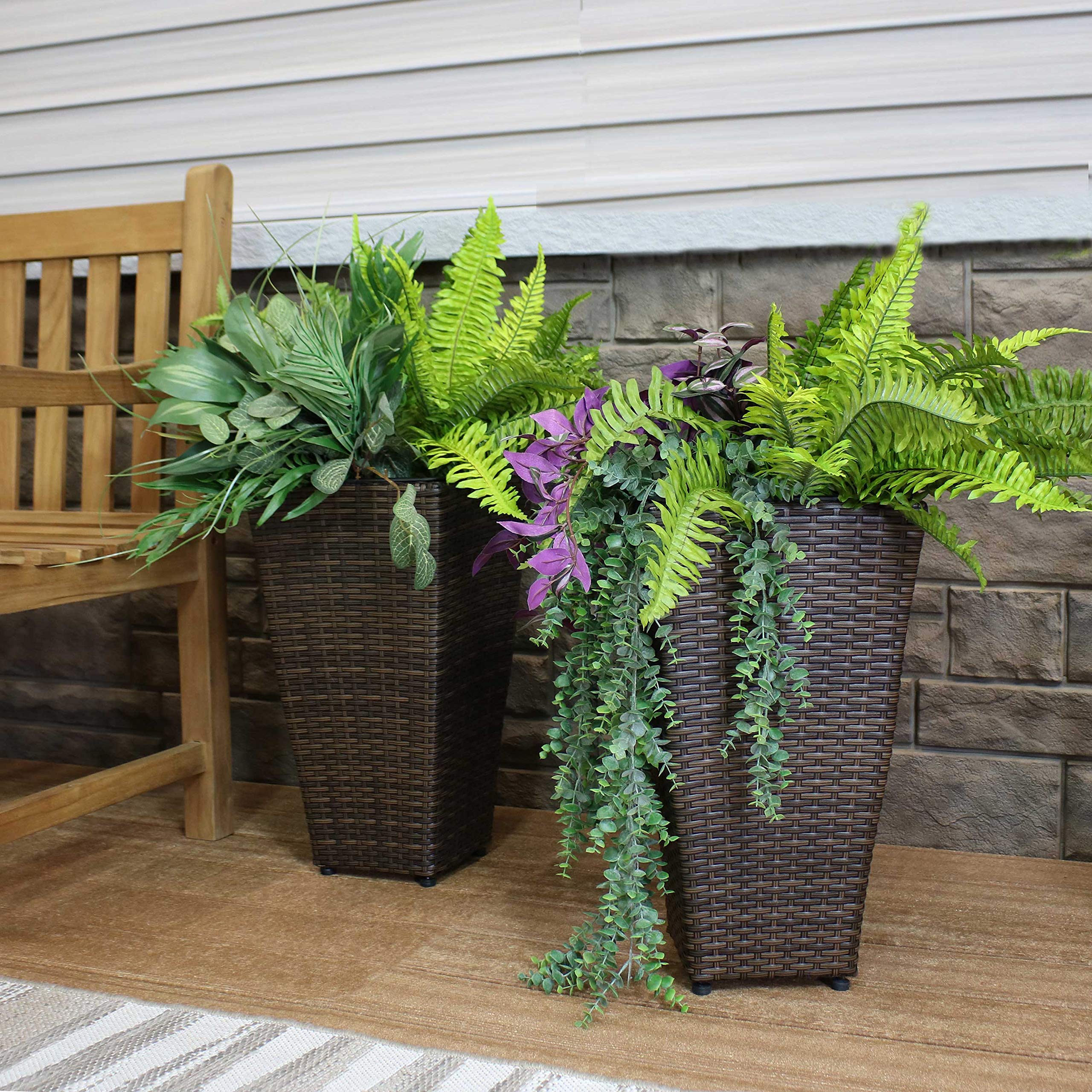 20-Inch Tall Square Polyrattan Indoor/Outdoor Planters - Set of 2 in Brown - Perfect for Patio, Garden, and Home Decor