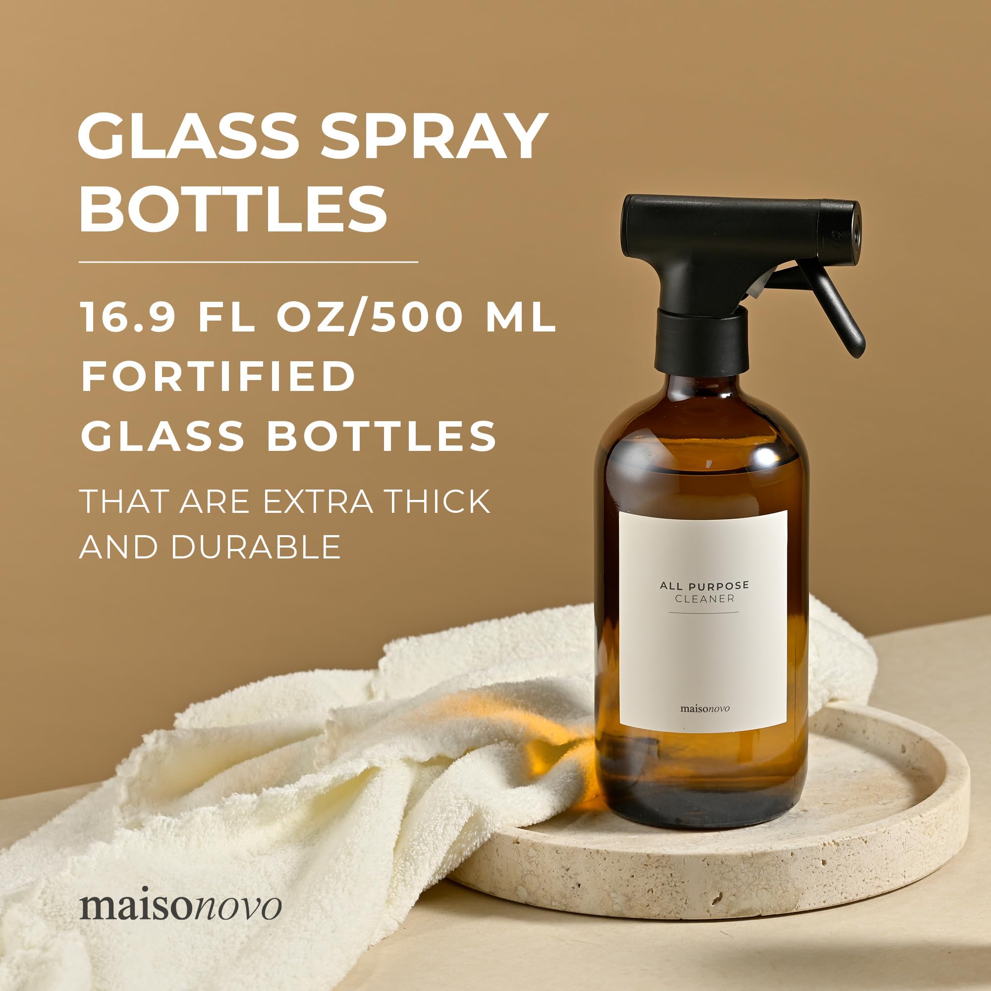 MAISONOVO 16.9oz Amber Glass Spray Bottles (2-Pack) with Labels - for DIY & Cleaning