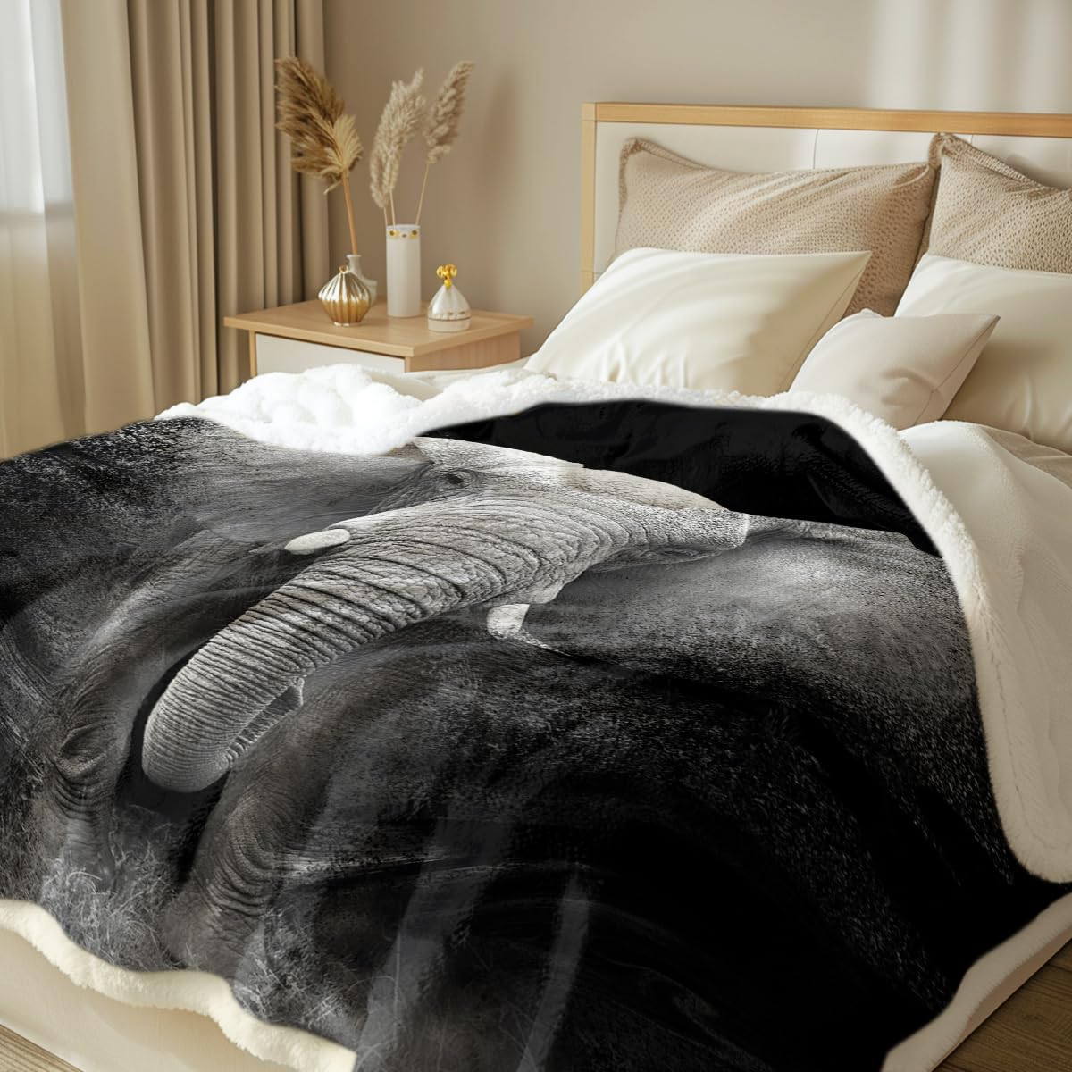 Soft Plush African Elephant Fleece Throw Blanket for Kids - Grey & Black Sherpa Blanket (50x60 Inches) - Cozy Couch & Chair Blanket for Girls & Boys - Perfect for Bedroom, Nursery, and Living Room