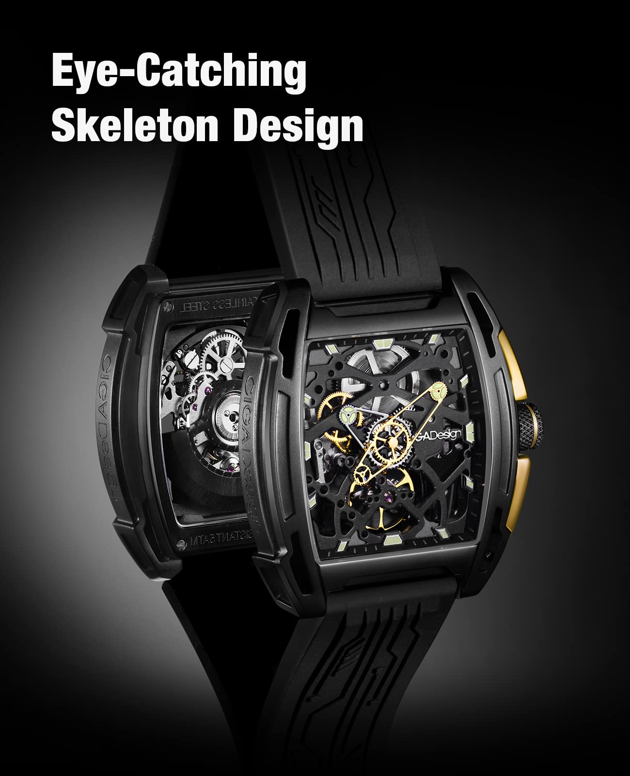 CIGA Design Z Series Automatic Skeleton Mechanical Watch for Men & Women - Luxury Tonneau Case with Leather & Silicone Strap, Stainless Steel Business Dress Waterproof Timepiece - Perfect for Office, Formal Events & Gift Giving