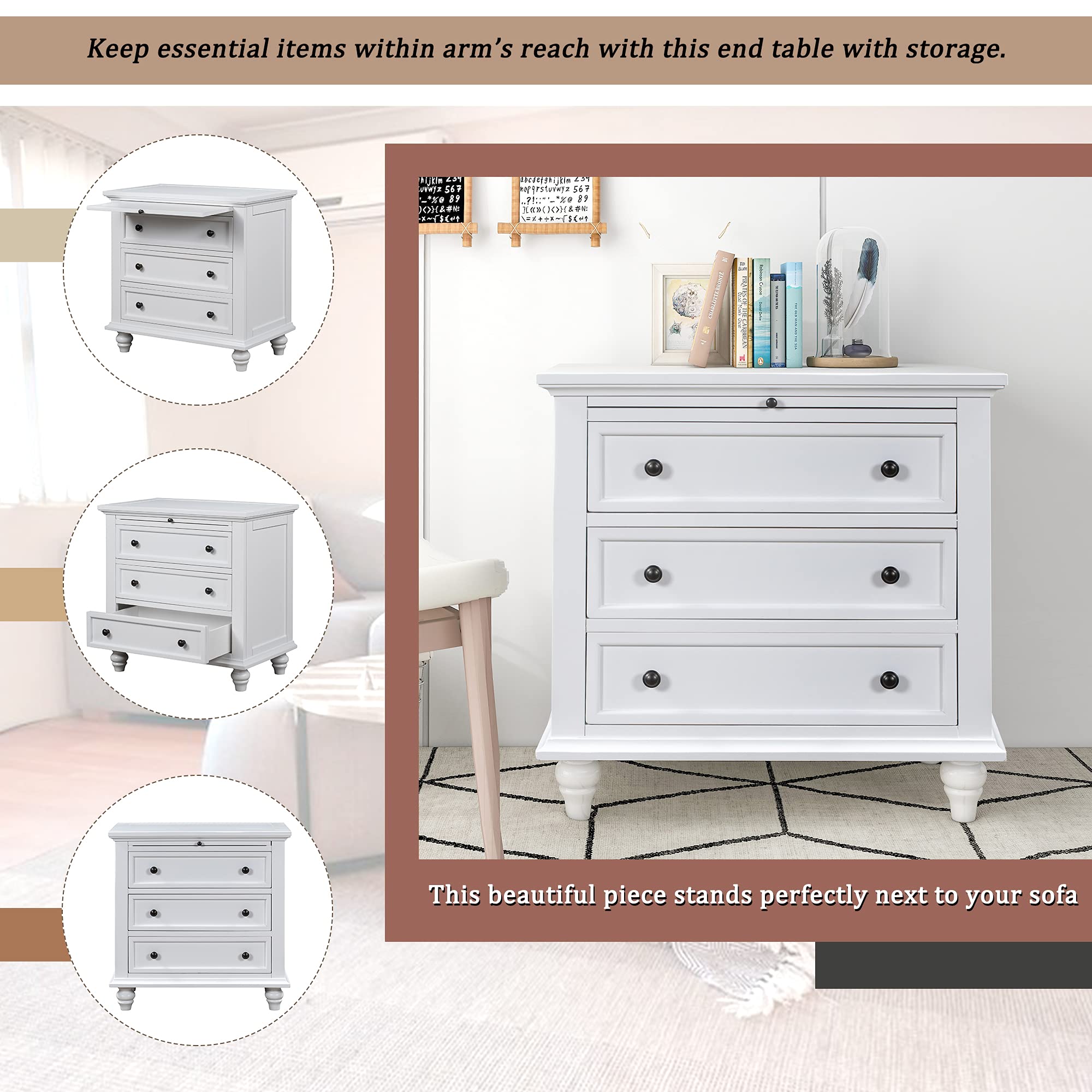 Modern White End Table with 3 Drawers & Pull-Out Tray - Nightstand Storage Organizer for Bedroom, Living Room & Office - Perfect for Small Spaces, Guest Rooms & Apartment Decor