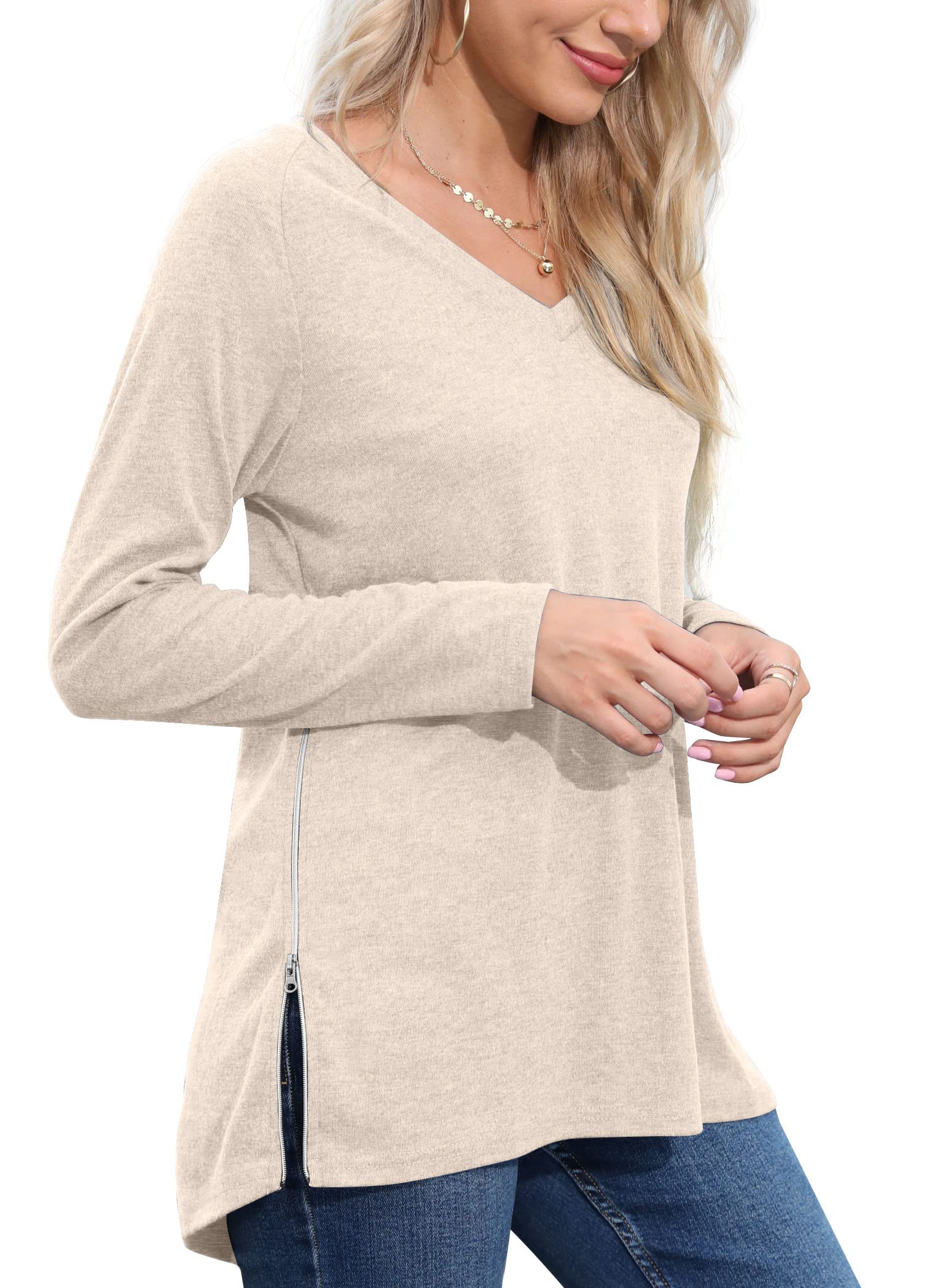 PrinStory Women's V-Neck Raglan Sweatshirt with Side Zipper - Casual Long Sleeve Tops for Everyday Wear