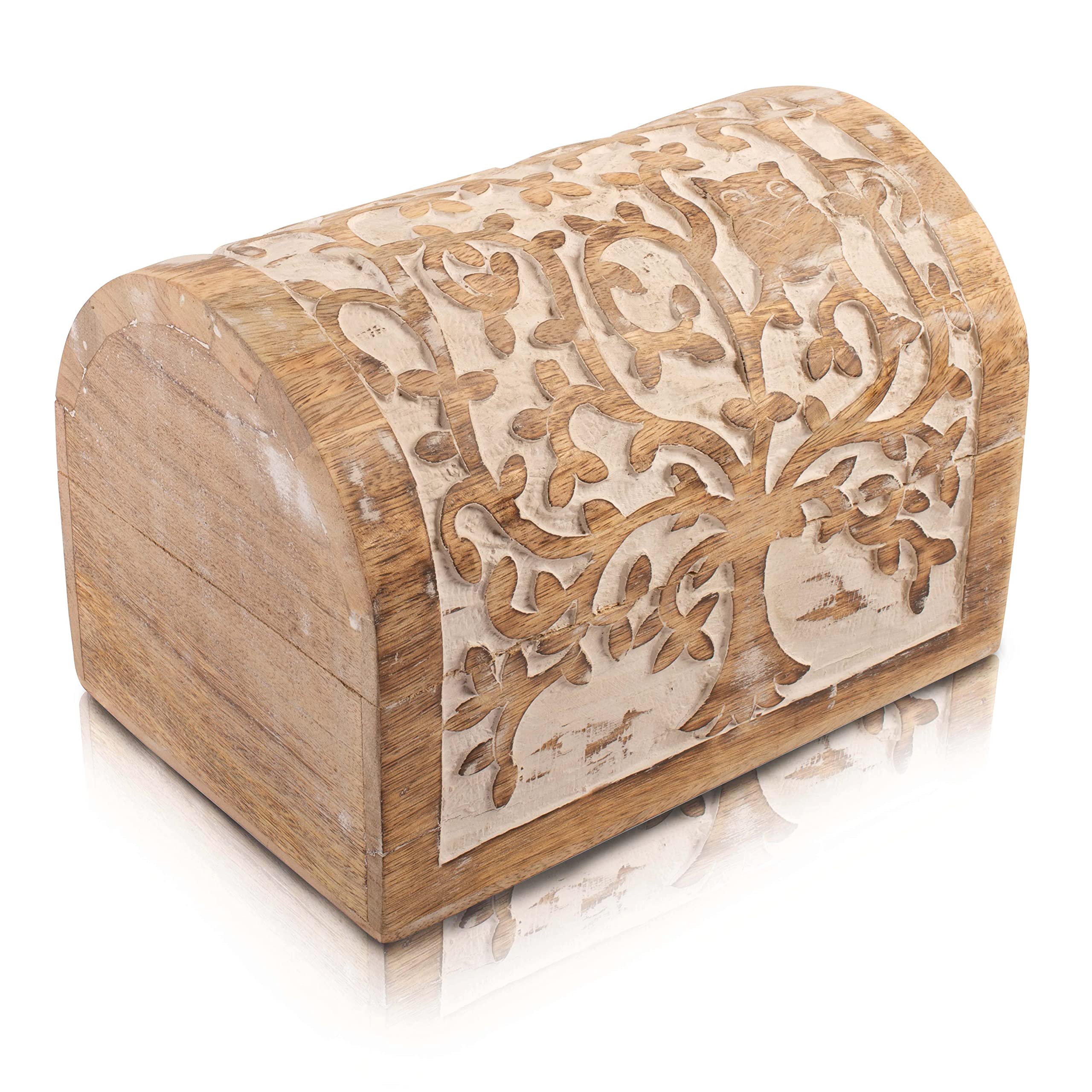 Handmade Wooden Jewelry Box with Tree of Life Carving - Jewelry Organizer, Keepsake & Treasure Chest - Perfect Birthday Gift for Women (White) | Great for Jewelry Storage, Watch Display & Home Decor