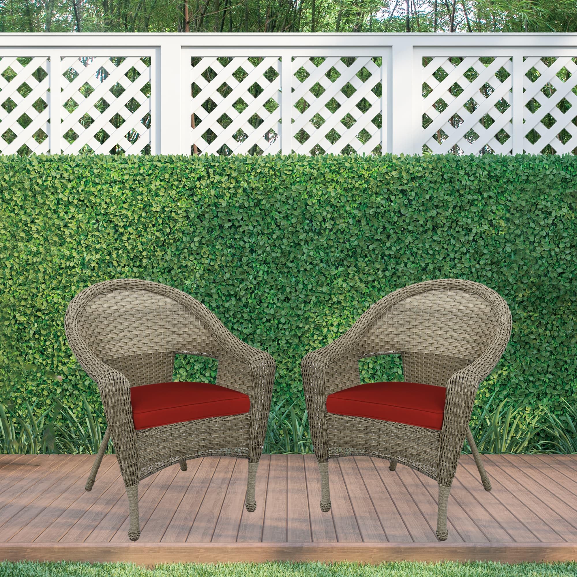 Jeco W00402G_2-FS018 Set of 2 Outdoor Resin Wicker Clark Single Chairs with Grey Frame & Brick Red Cushions - Patio, Garden, Poolside Furniture for Relaxing