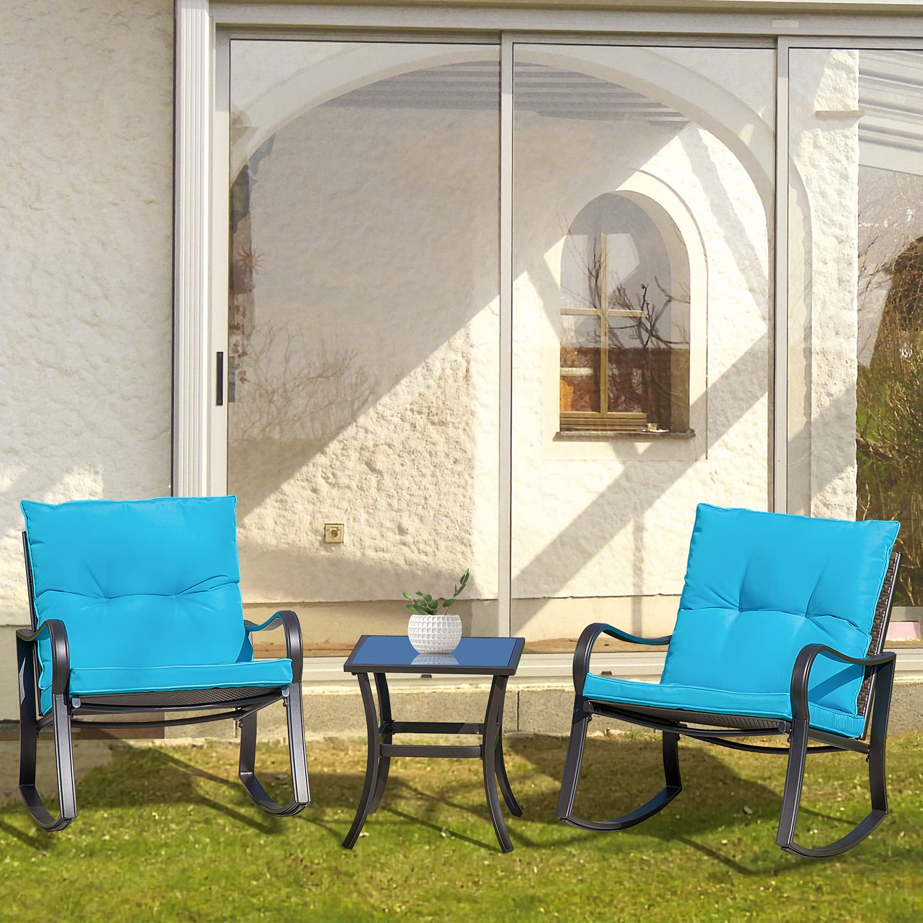 Domi Outdoor Living 3-Piece Rocking Bistro Set - Black Steel Wicker Rocking Chairs with Blue Cushions & Glass Top Coffee Table for Patio, Garden, or Backyard Relaxation