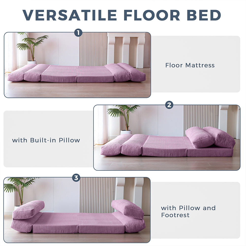MAXYOYO Corduroy Bean Bag Folding Sofa Bed - Extra Wide Foldable Floor Mattress in Purple | Perfect for Living Room Lounging, Guest Bed & Dorm Room Comfort