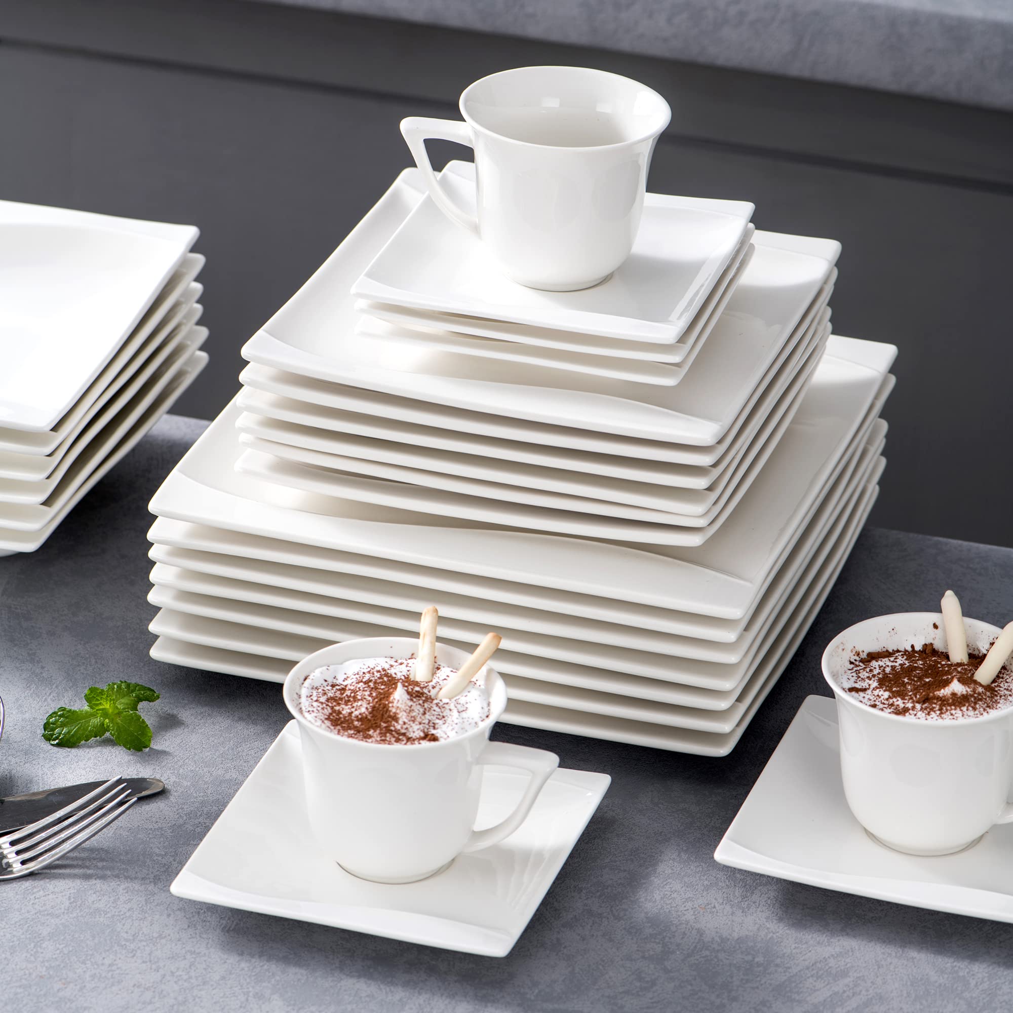 MALACASA 30-Piece Ivory White Porcelain Square Dinnerware Set - Plates, Bowls, Mugs & Saucers for 6 People - Elegant Tableware for Salad, Pasta, Dessert - Perfect for Family Dinners, Parties & Restaurant Use - Series Carina