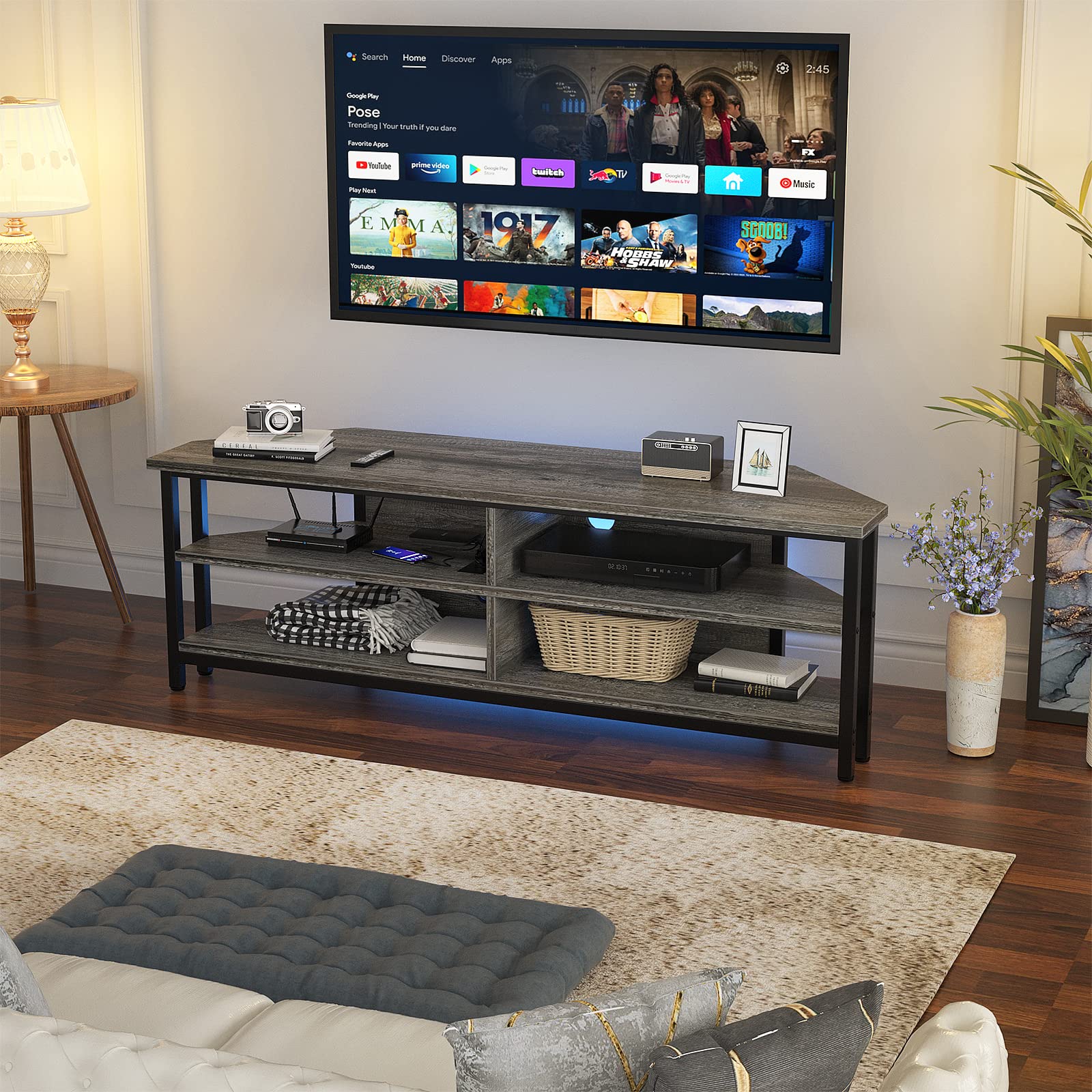 Unikito Corner TV Stand with Power Outlet - Wooden Entertainment Center Media Console with 4 Open Shelves for 55 Inch TV - Gray Oak - Perfect for Living Room, Bedroom & Home Theater Setup