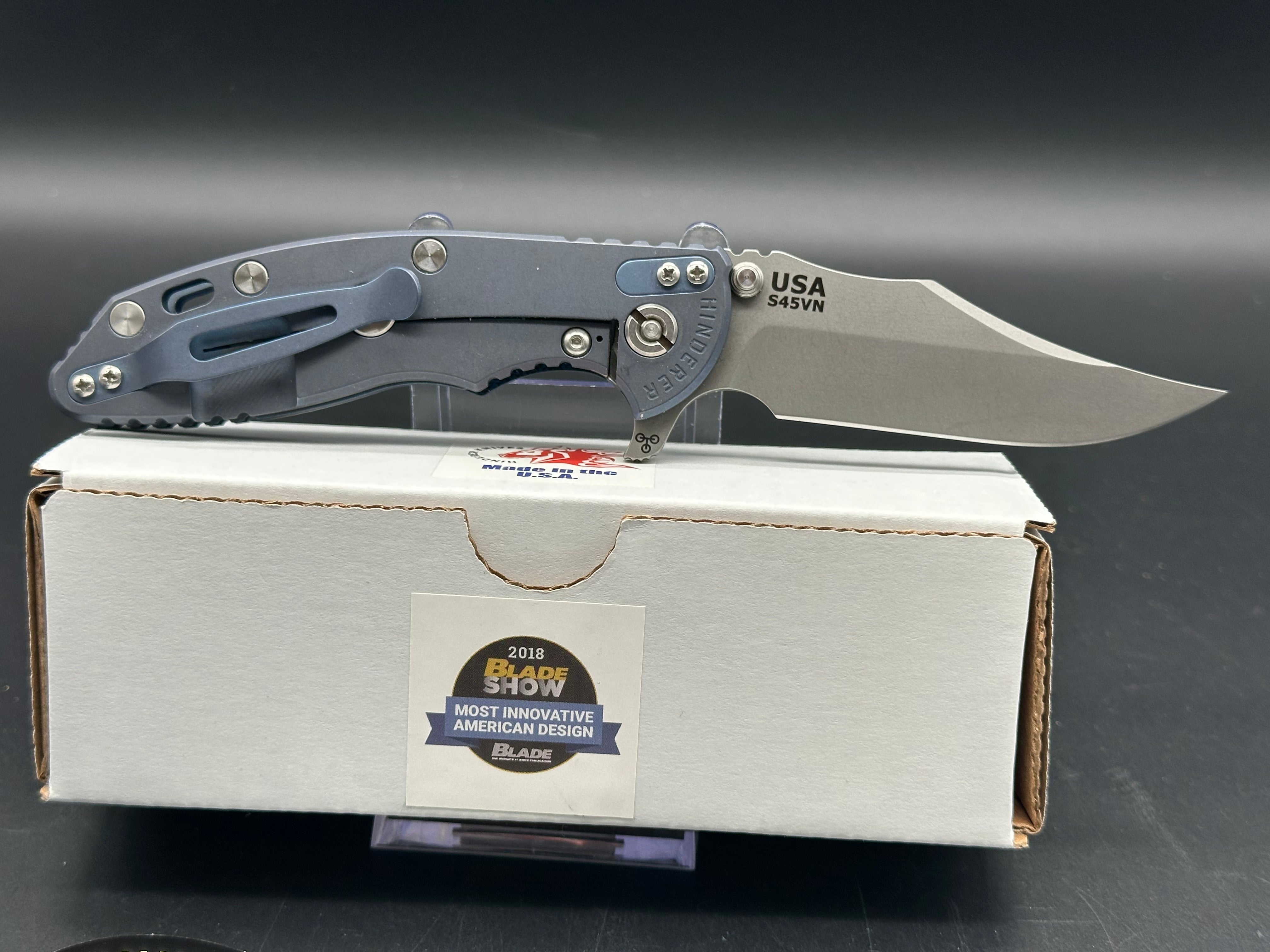 Hinder XM-18 Bowie Flipper Knife - Working Finish Battle Blue Titanium Blade - EDC, Outdoor Camping & Survival Gear