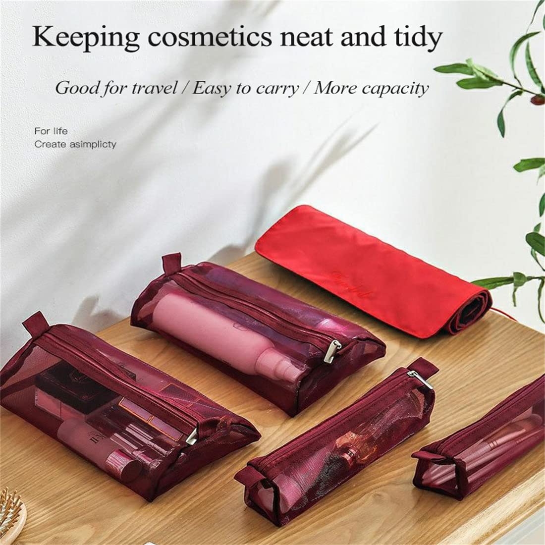Large Waterproof Hanging Makeup Bag for Travel - Detachable Folding Cosmetic Organizer with Separate Compartments (Red) | Perfect for Toiletries Storage, Vacation Essentials & Daily Beauty Routine