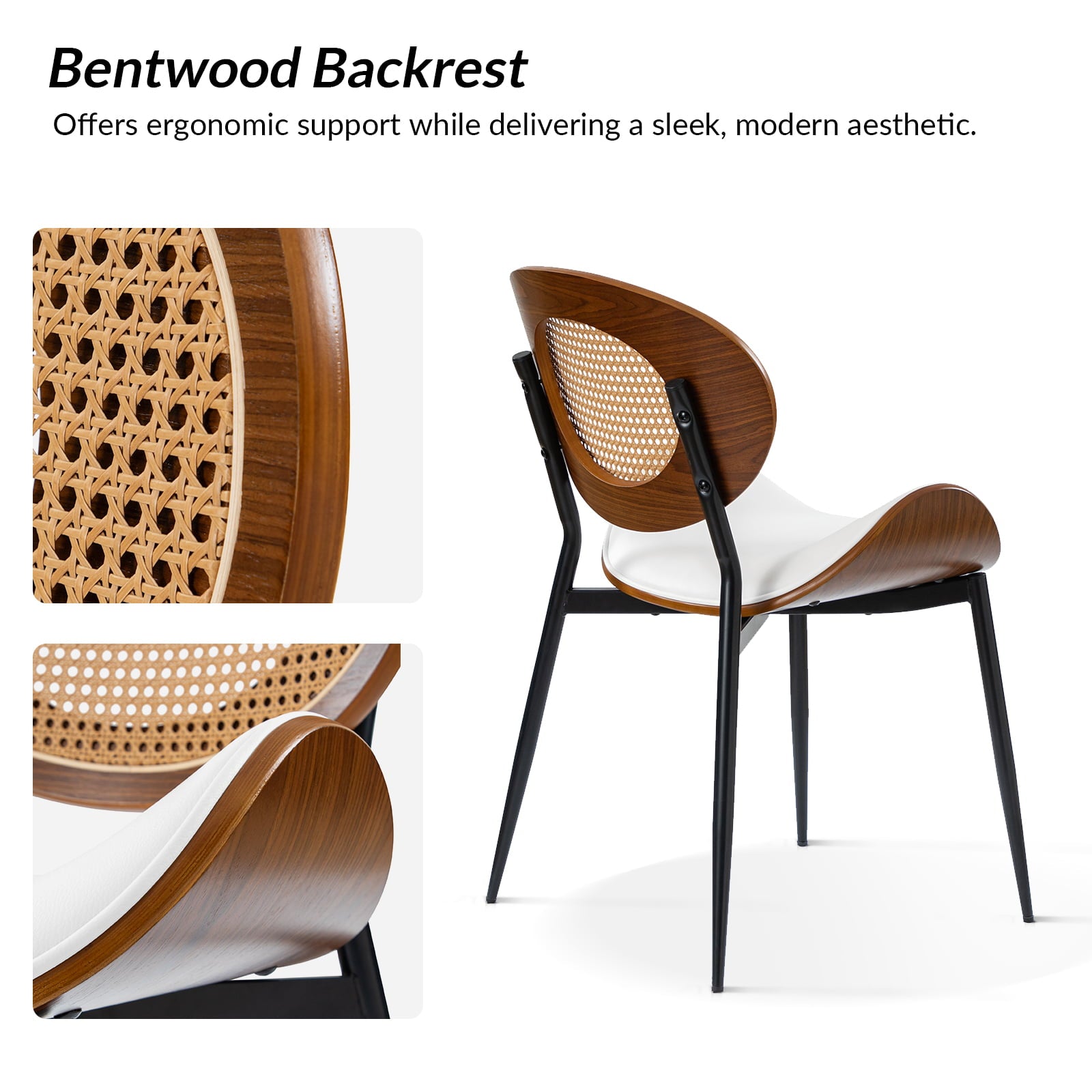 Flora Curved Wood Backrest Faux Leather Upholstered Dining Chair Cushion - Ergonomic Support for Kitchen, Restaurant & Office - Comfortable Seat Pad with Wooden Frame (Multiple Styles Available)