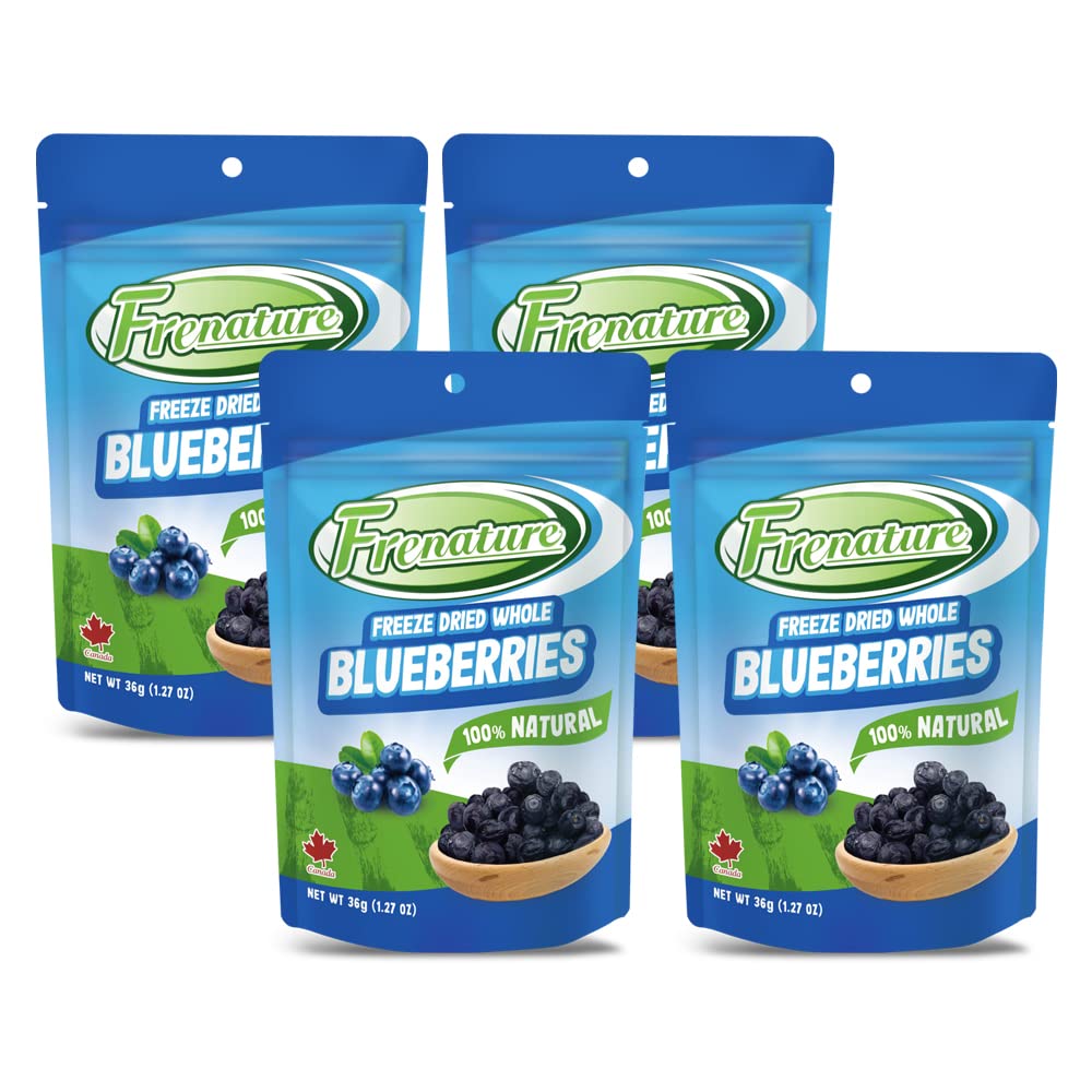Premium Freeze Dried Blueberries - 100% Natural, Grade A Whole Dried Blueberries from Canada | Gluten Free, Vegan, Non-GMO Healthy Snacks | Perfect for Camping, Hiking, Baking & Smoothies | 1.27oz (Pack of 4)