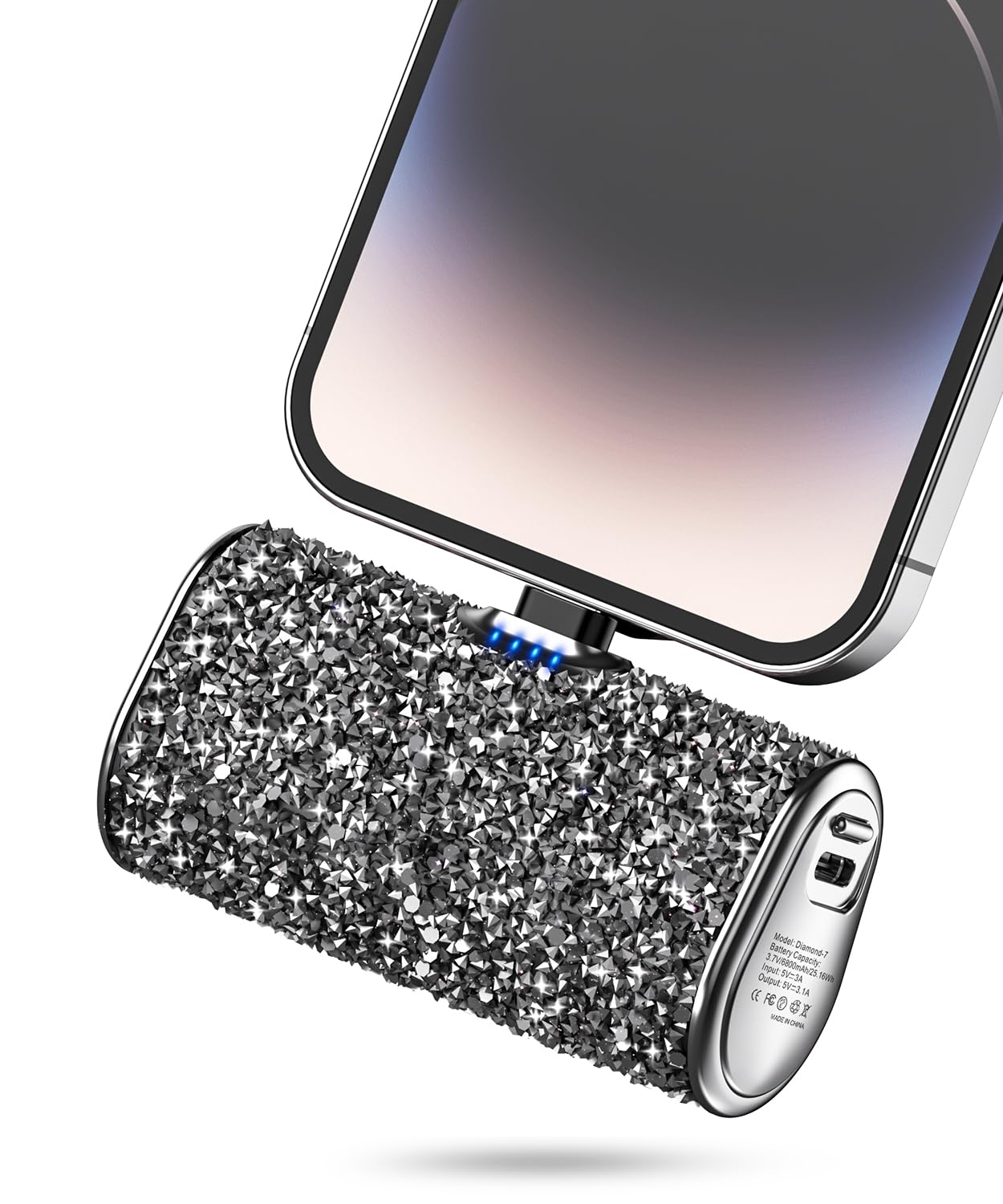Abnoys 6800mAh Diamond Mini Power Bank - Ultra Slim Portable Charger with 5V3.1A Fast Charging, Built-in iOS Plug & LED Flashlight | Sparkly Cute External Battery for iPhone 14/13/12/11/X/8 (Gray) | Perfect for Travel, Camping & Emergency Power Backup