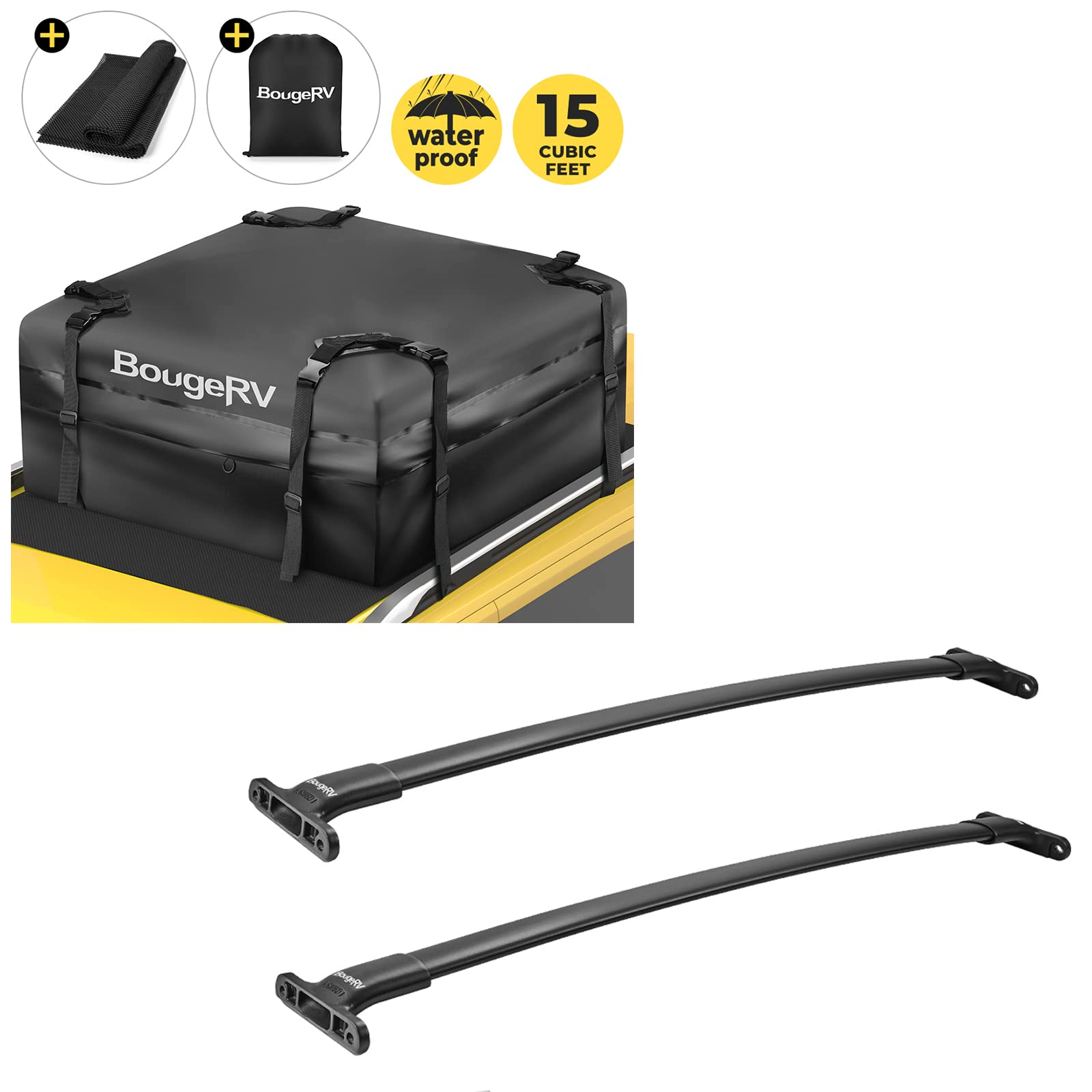 BougeRV Car Roof Rack Cross Bars for 2016-2019 Ford Explorer with Side Rails + 15 Cubic Feet Rooftop Cargo Carrier Bag - Heavy Duty SUV Roof Rack System for Road Trips & Outdoor Adventures