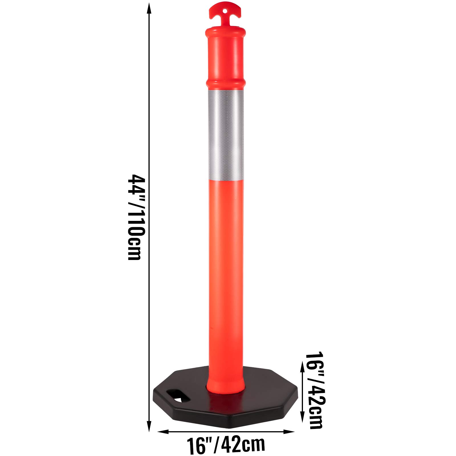 VEVOR 12-Pack 44-Inch Traffic Delineator Posts with 10-Inch Reflective Bands & 16-Inch Rubber Base - Heavy Duty Channelizer Cones for Construction Sites, Parking Lots, Road Safety, and Facility Management