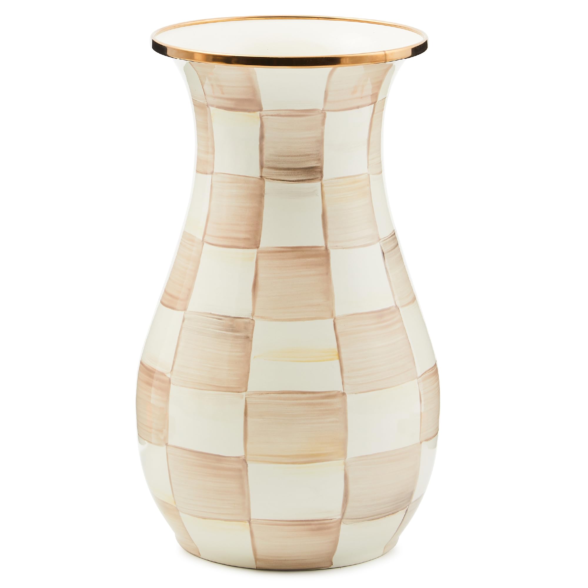 MACKENZIE-CHILDS Tall Enamel Vase - Unique Brown & White Mocha Check Flower Vase for Bouquets, Home Decor, Living Room Centerpiece | Perfect for Farmhouse, Rustic & Vintage Style Interior Design