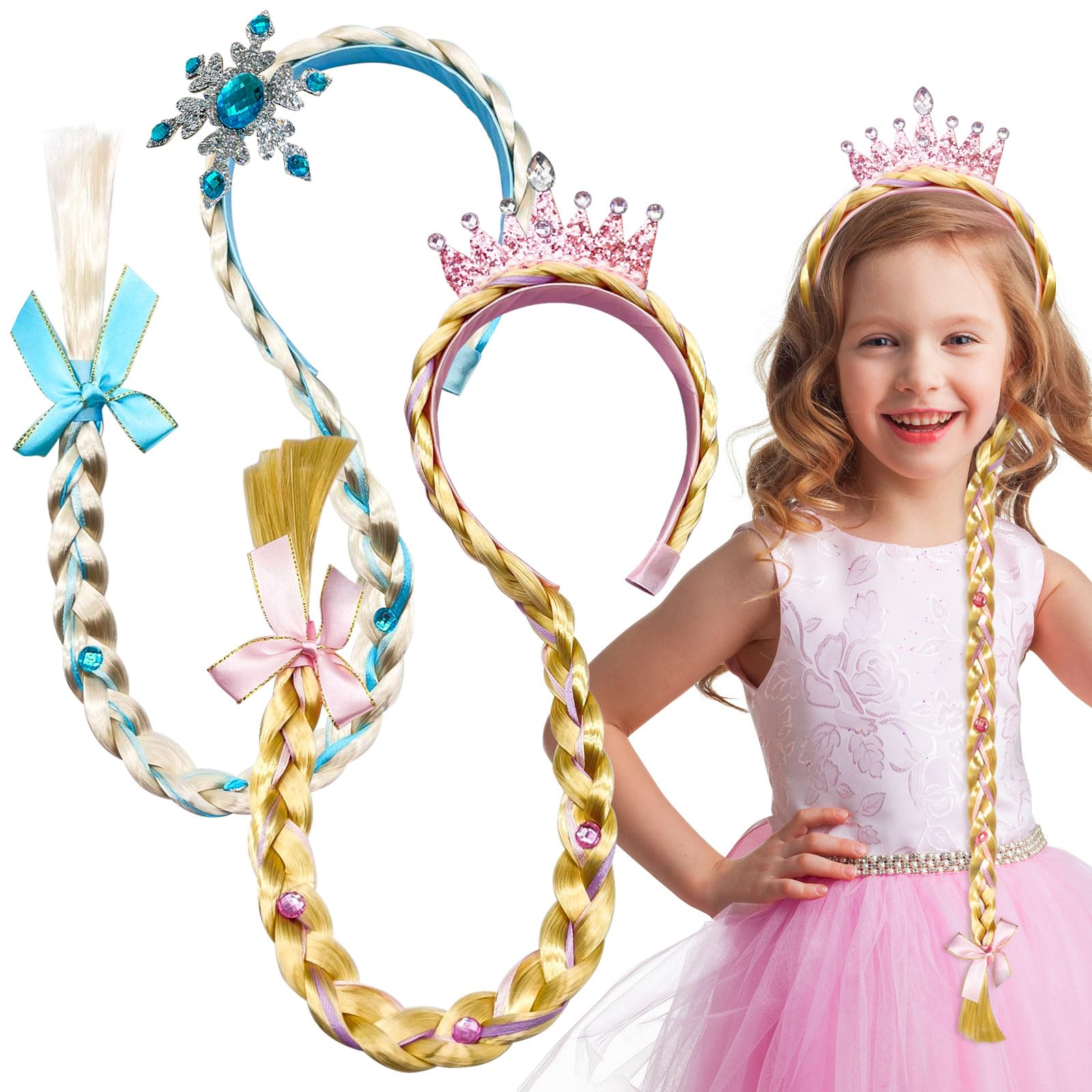 2Pcs Long Braided Princess Wigs for Girls - Rapunzel Cosplay Hairpiece with Headband, Costume Party Accessories | Perfect for Halloween, Dress-Up, Birthday Parties & Themed Events