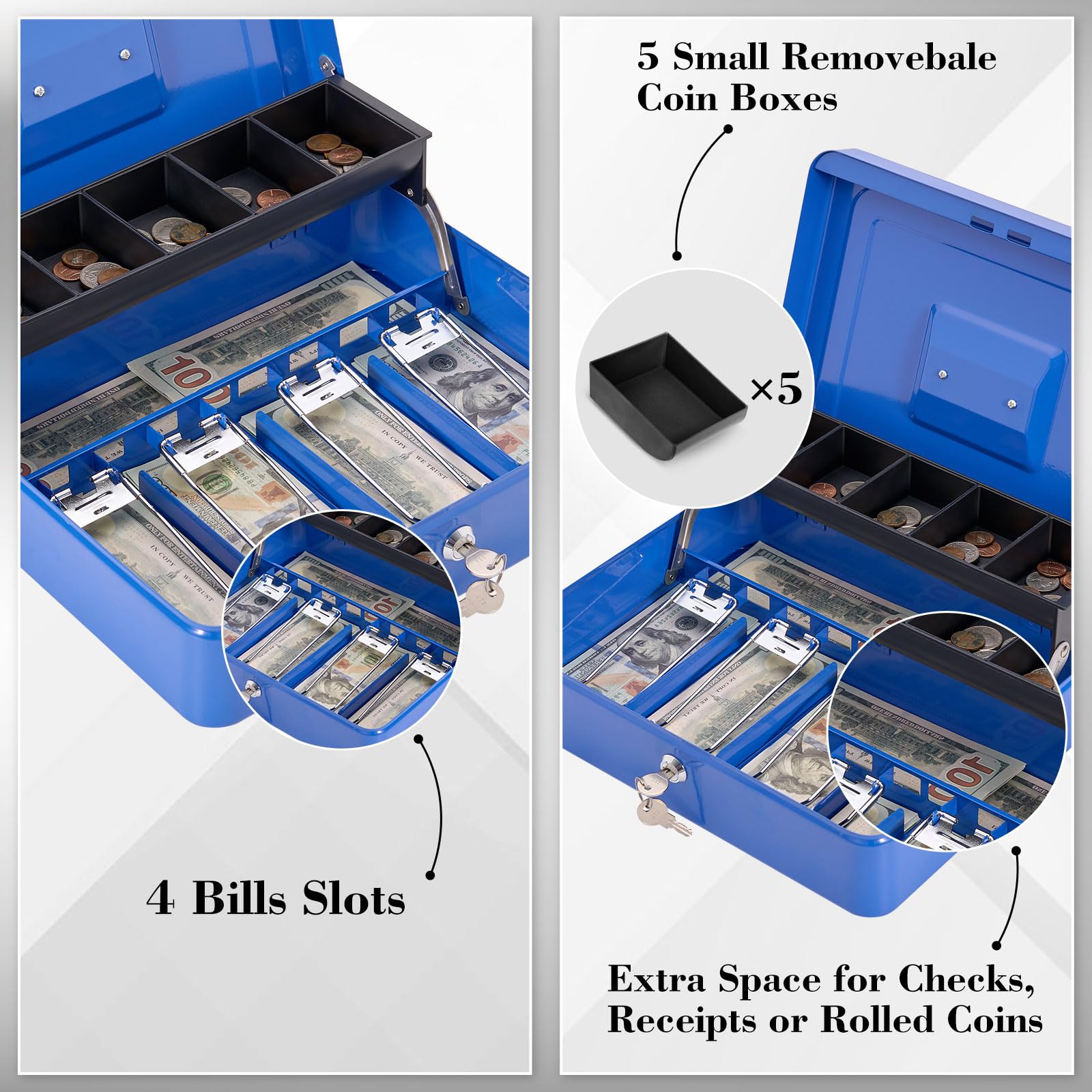 Large Cash Box with Key Lock - Durable Money Saving Organizer with 4 Bill & 5 Coin Slots, Cantilever Design - XL Locking Safe Box for Home, Office, Retail Store (Blue)