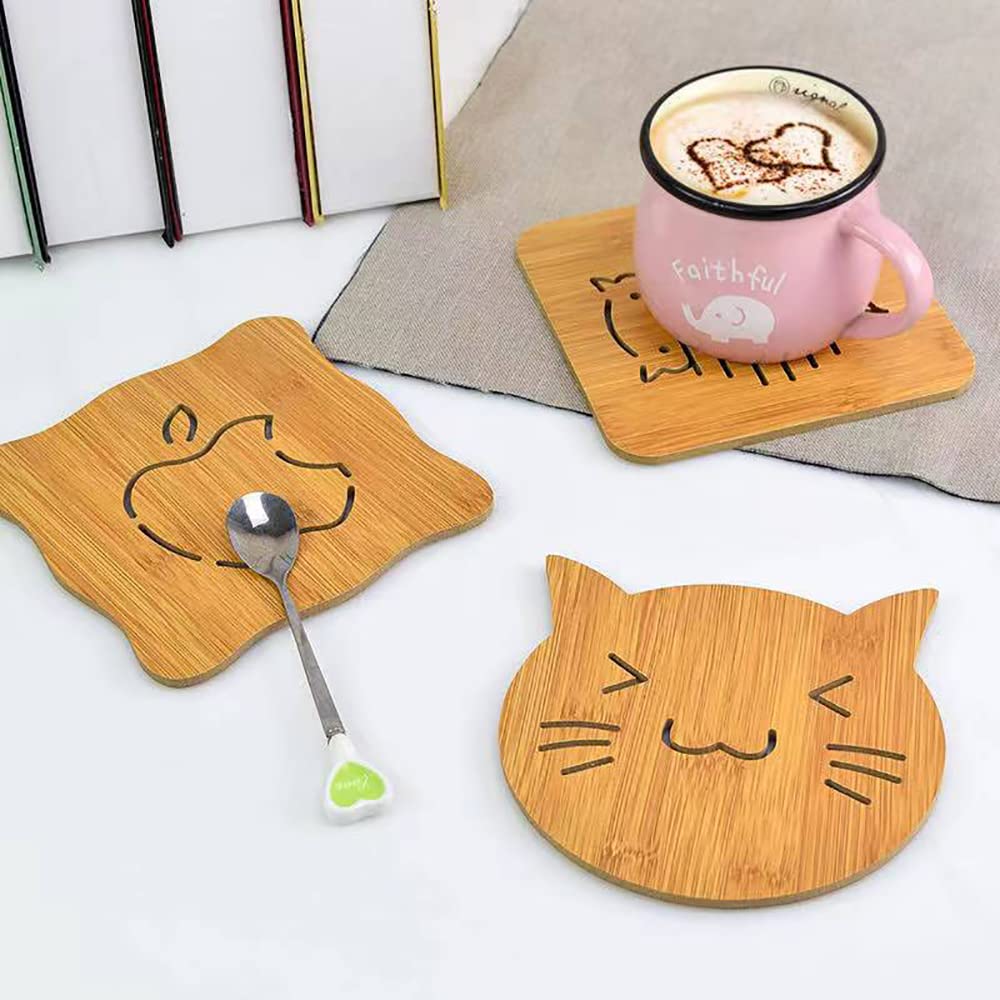 Eco-Friendly Bamboo Wooden Coasters Set of 2 - Absorbent Drink Coasters for Mugs, Cups & Glasses - Cat Design Home Decor for Kitchen, Dining Table & Office Use