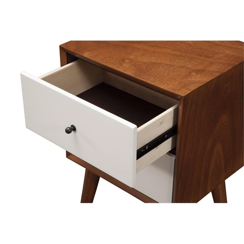 Alpine Furniture Flynn Nightstand - Modern Bedside Table with Storage Drawer, Acorn & White Finish - Perfect for Bedroom, Guest Room, or Dorm Decor
