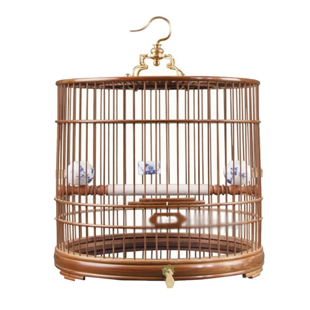 Vintage Purple Bamboo Bird Cage with Door - Handmade Round Parrot Cage for Small Birds, Bird Carrier Cage with Porcelain Bowl - Perfect for Home Decor, Pet Travel & Indoor Bird Keeping