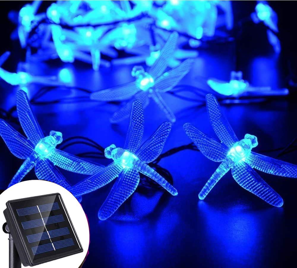 Solar Powered String Lights Waterproof - 19.7ft 30LED Dragonfly Fairy Lights with 8 Lighting Modes, Decorative Outdoor Lighting for Garden, Patio, Fence, Lawn, Party & Indoor Home Decor (Blue) - Perfect for Wedding, Christmas, Halloween, Backyard & Landscape Lighting