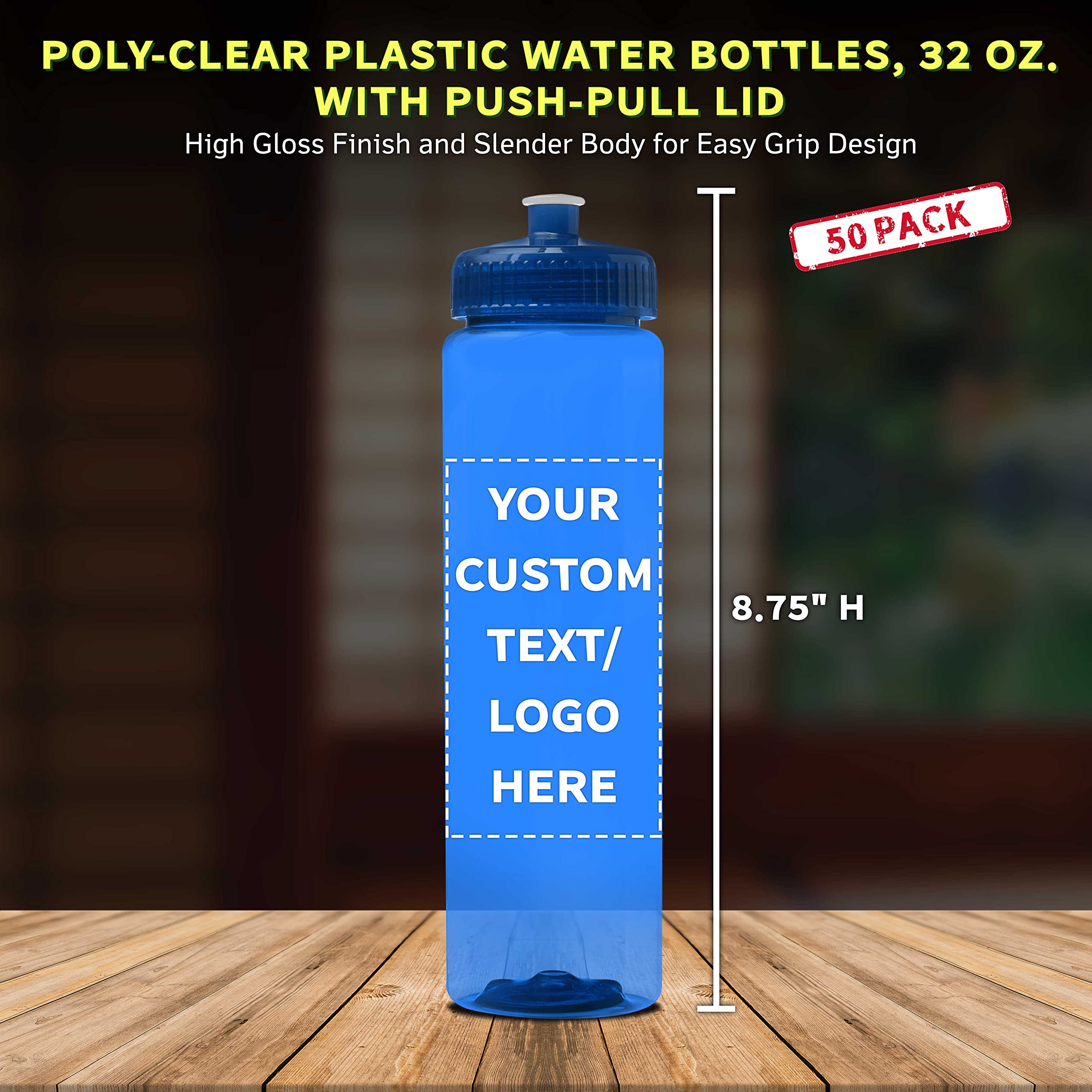 50 Pack 32oz Clear Plastic Water Bottles with Push-Pull Lids - Customizable Text & Logo - Durable, Leak-Proof, Reusable - Transparent Blue - Perfect for Sports, Gym, Office, and Outdoor Activities