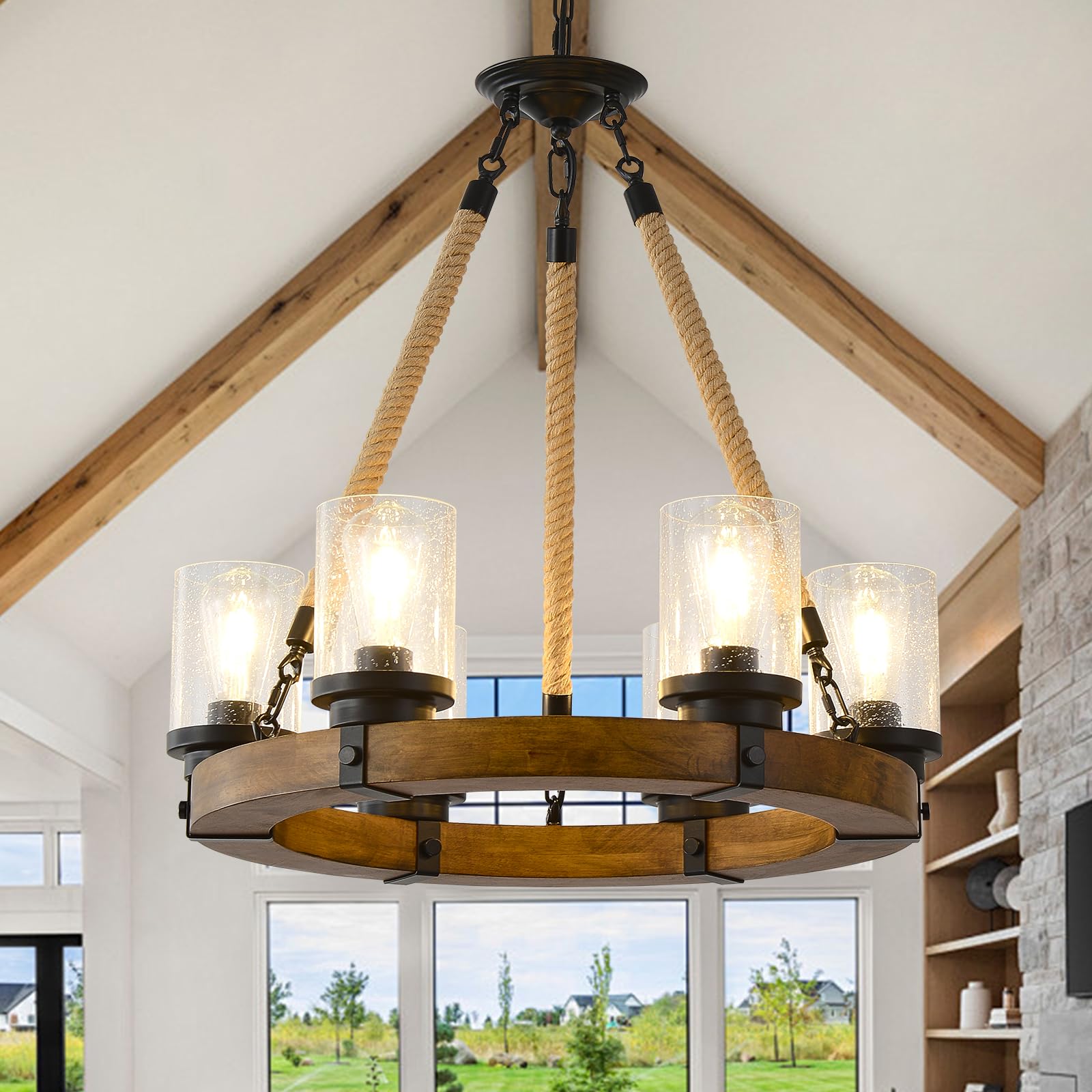 Farmhouse Wagon Wheel Chandelier - 6-Light Rustic Wood Ceiling Light with Seeded Glass Shades, Round Wooden Chandelier for Dining Room, Living Room, Kitchen & Foyer | Perfect for Country Homes, Cabin Decor & Western Style Interiors