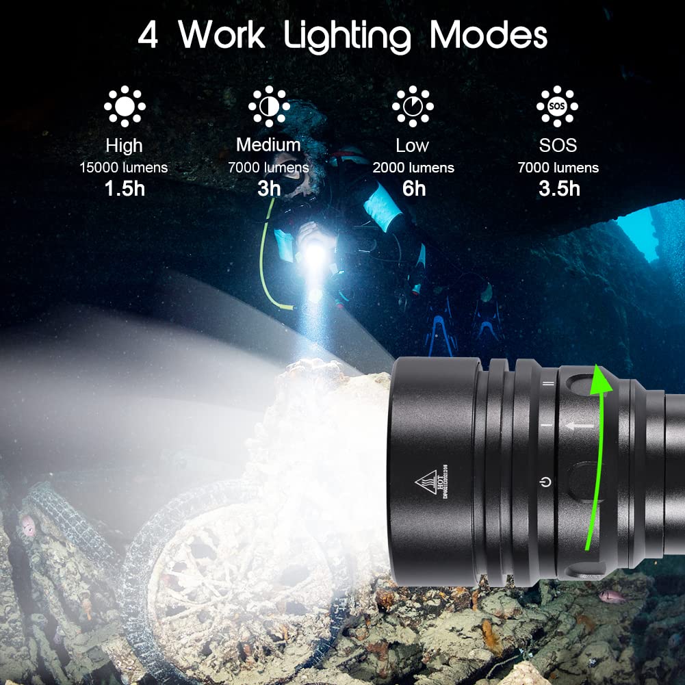 APLOS AP150 15000 Lumen Rechargeable Scuba Diving Flashlight - Waterproof Underwater Dive Light for Deep Sea Exploration to 492ft - Includes Battery & Charger - Perfect for Night Diving, Cave Diving, and Marine Photography