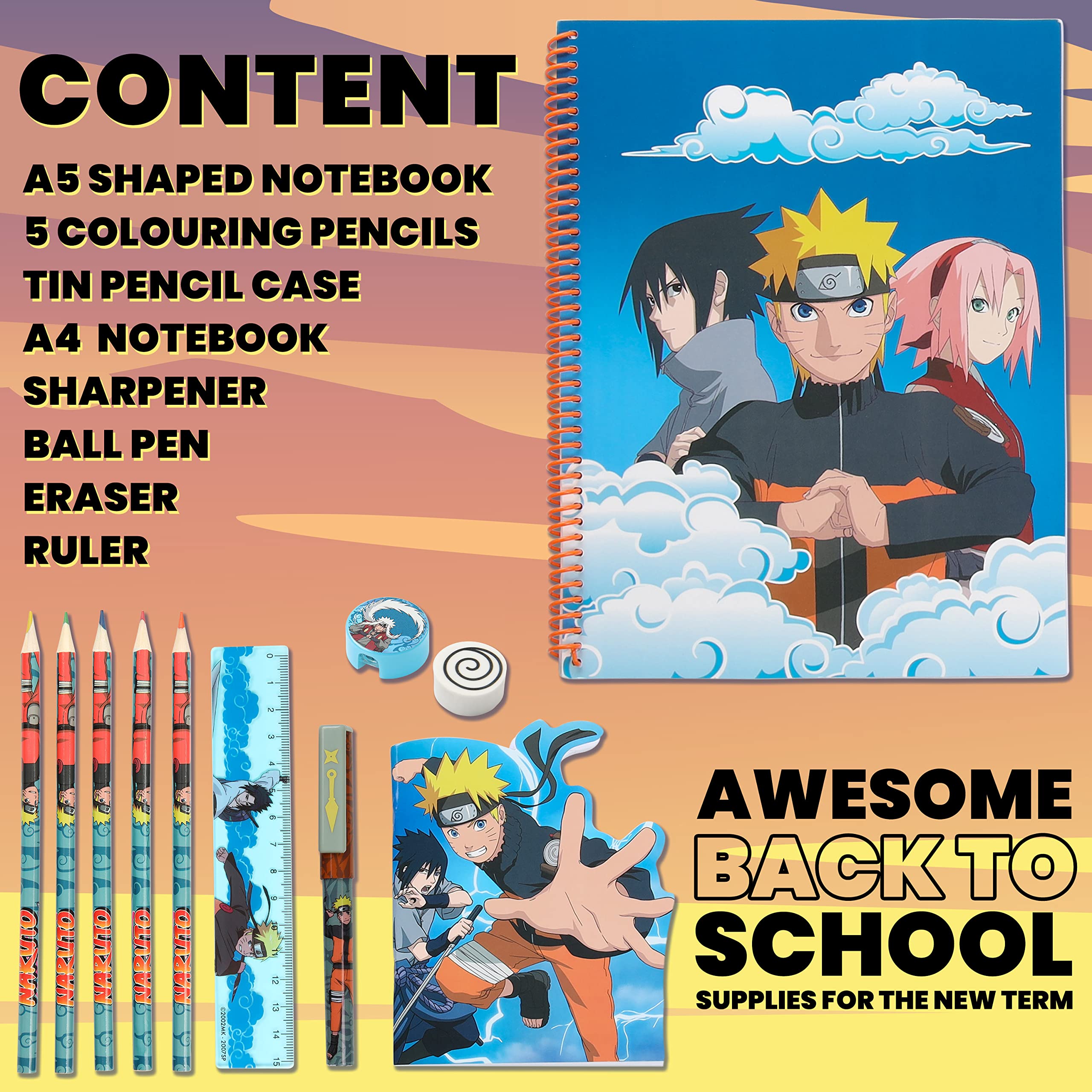 Naruto Anime Stationery Set - 24 Colored Pencils, Metal Pencil Case, 3 Notebooks - Complete School Supplies Kit for Kids | Perfect for Back to School, Birthday Gifts & Anime Fans Collection