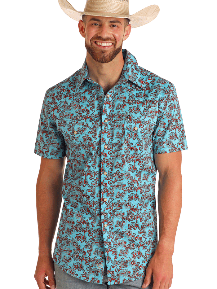 Rock & Roll Denim BMN3S05865 Men's Paisley Print Short Sleeve Snap Button Shirt Blue - Perfect for Casual Wear, Concerts & Summer Outfits