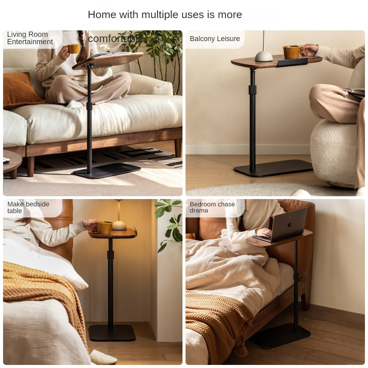 Premium Black Walnut Solid Wood Liftable Rotating Side Table - Adjustable Height End Table for Living Room, Bedroom & Office Use