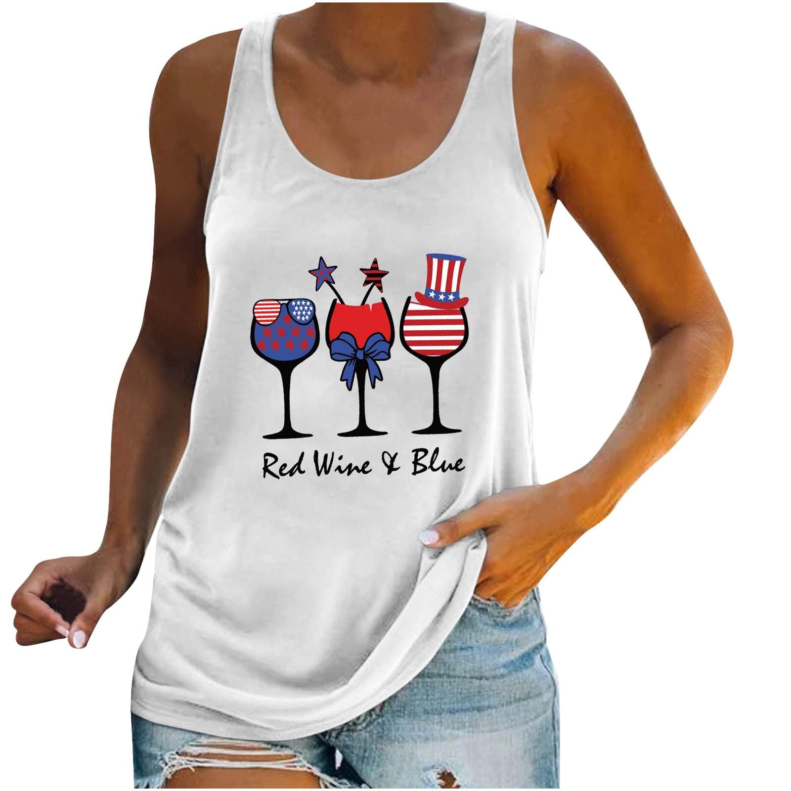 Stylish Women's Racerback Tank Tops - Cute Summer Graphic Tees with Wine Glass Design for 4th of July Celebration | Perfect for Casual Wear, Workouts & Patriotic Parties
