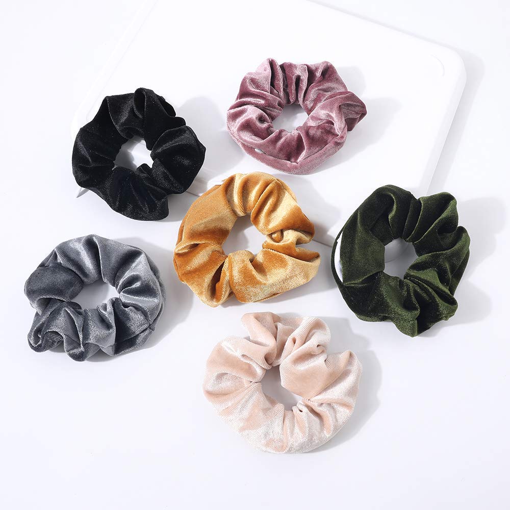Velvet Scrunchies for Women - 6 Pack Soft Hair Ties | VSCO Girl Hair Accessories | Elastic Hair Bands with Zipper Pocket | Perfect Gift for Friends | Great for School, Work, Travel and Everyday Use