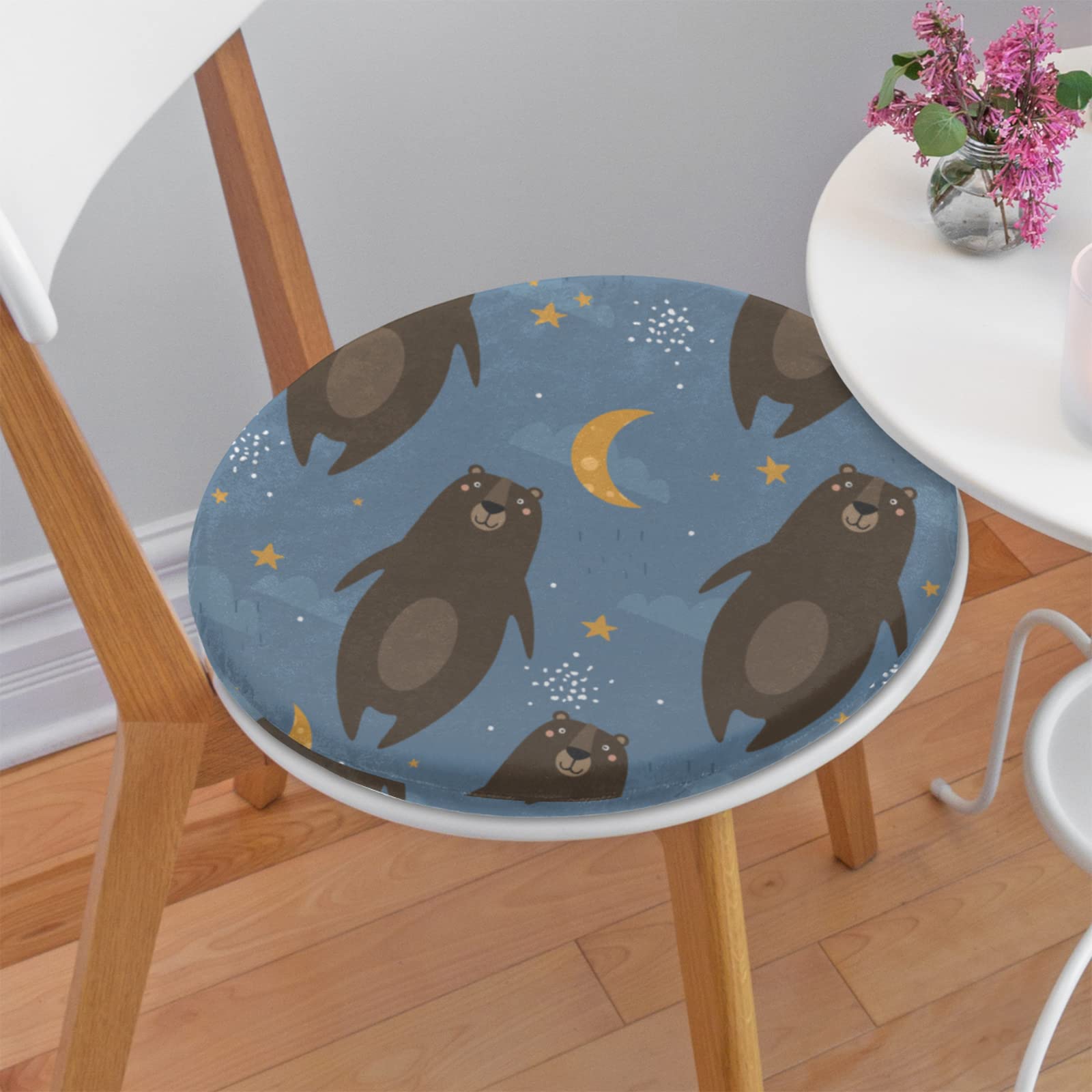 6PCS Round Dining Seat Cushions - 14.5inch Non-Slip Soft Foam Chair Pads with Removable Cover for Kitchen, Garden, Sofa & Home Decor (Black Bear Moon Design) - Perfect for Indoor & Outdoor Dining, Relaxing & Decorating