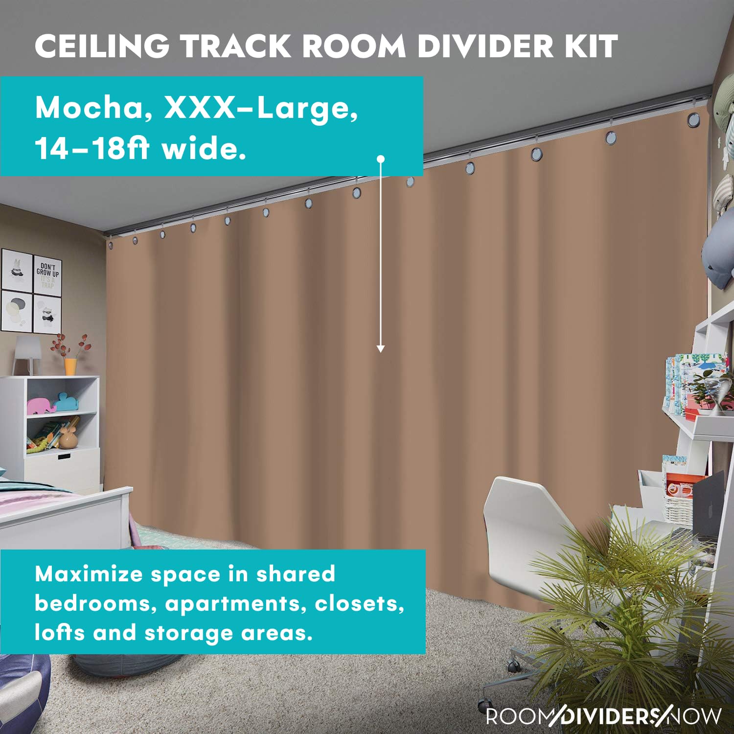 Room Divider Kit with Ceiling Track - XXX-Large Size, 8ft Tall x 14ft-18ft Wide in Mocha | Portable Room Partition for Home, Office & Event Spaces