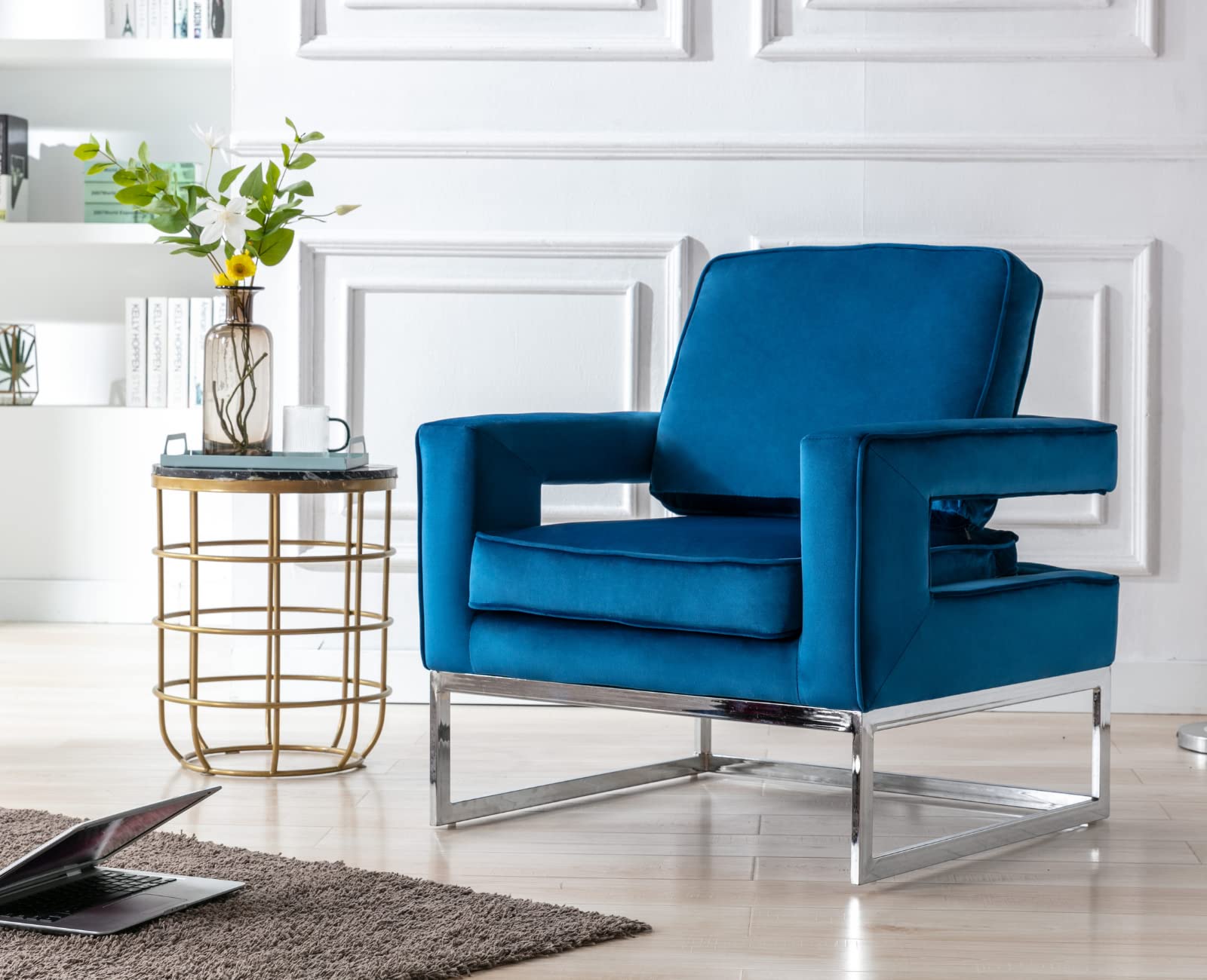 EALSON Blue Velvet Accent Chair - Modern Upholstered Barrel Armchair with Chrome Base & Open Back | Comfortable Reading & Lounge Chair for Living Room, Bedroom, Office | Perfect for Relaxing, Reading & Home Decor