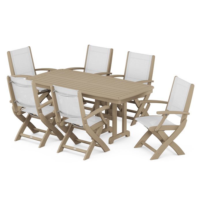 POLYWOOD Coastal Folding Arm Chair 7-Piece Outdoor Dining Set - Perfect for Patio, Deck, Poolside & Beachfront Entertaining