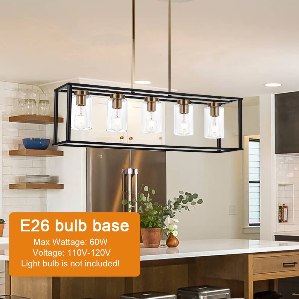 VINLUZ 5-Light Farmhouse Chandelier with Clear Glass Shade - Black & Brushed Brass Rectangular Pendant Light for Kitchen Island, Dining Room, and Industrial Ceiling Lighting | Perfect for Modern Farmhouse, Rustic, and Industrial Style Home Decor