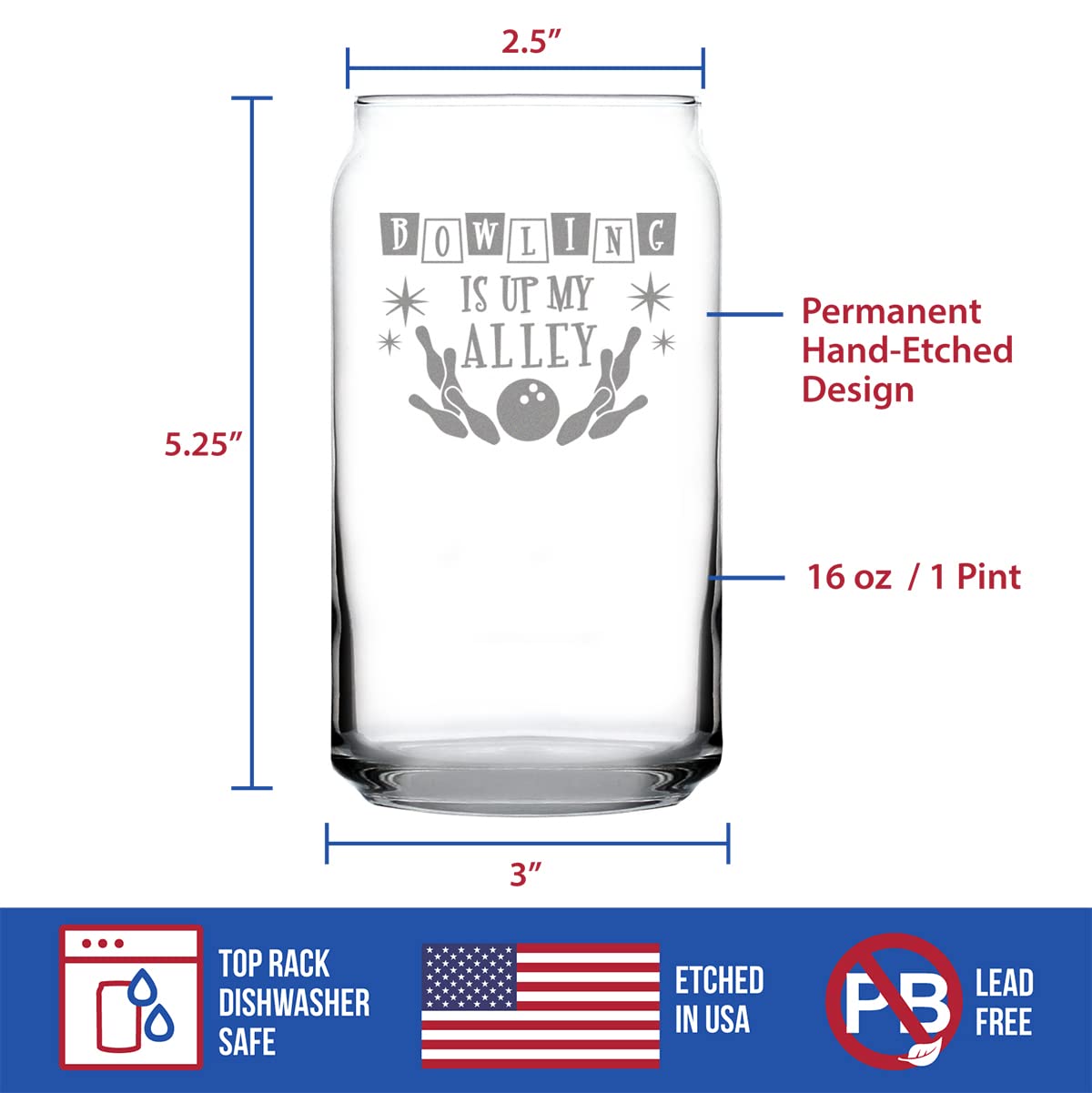 Funny Bowling Themed 16 oz Beer Can Pint Glass - Perfect Gift for Bowlers & Bowling Alley Decor - Great for Parties, Man Caves & Sports Bars