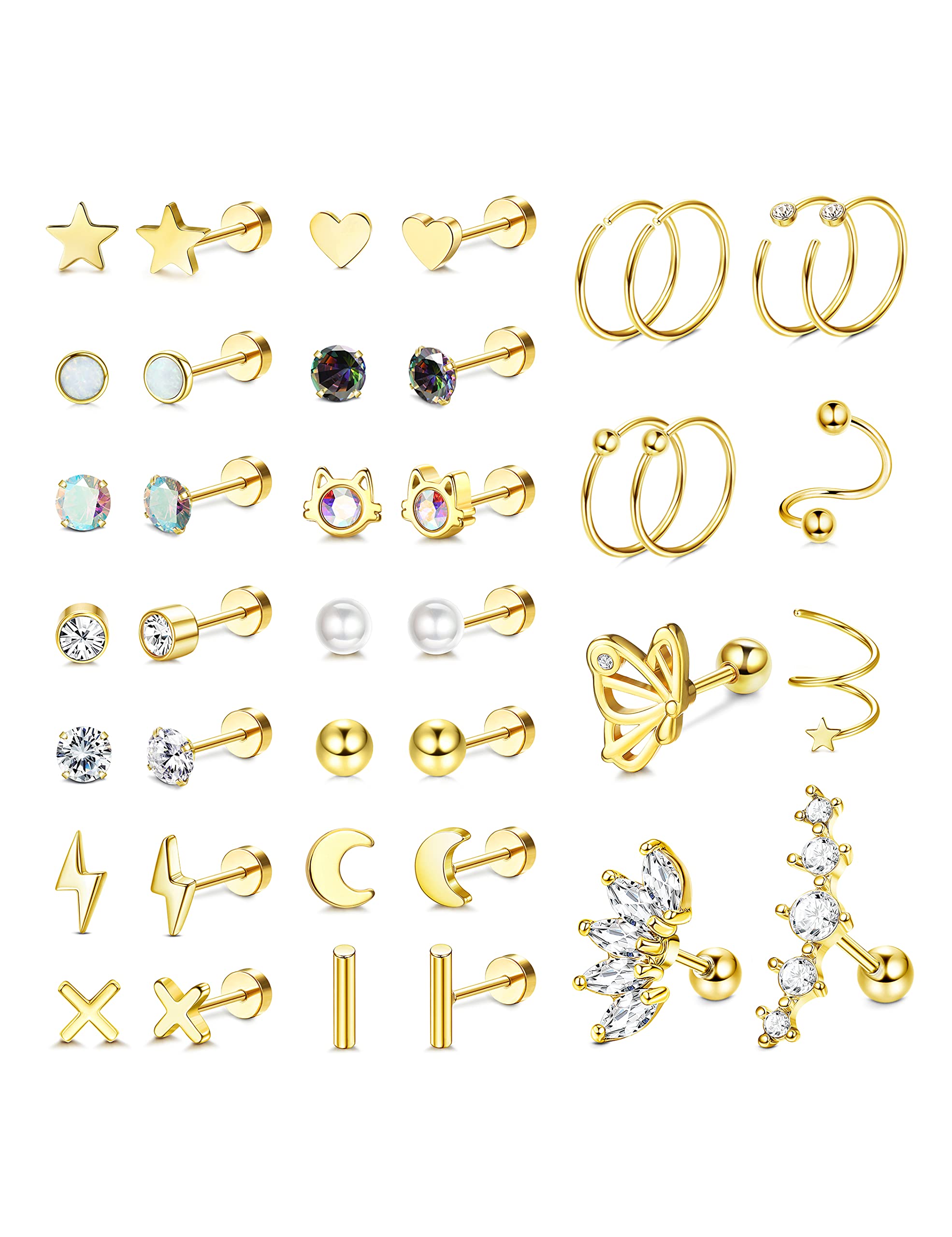Adramata 20G Helix Earrings for Women - Stainless Steel Cartilage Earrings Set, Flat Back Stud & Hoop Earrings for Conch, Daith, Tragus Piercing (Silver & Gold) | Perfect for Everyday Wear, Parties & Gifts