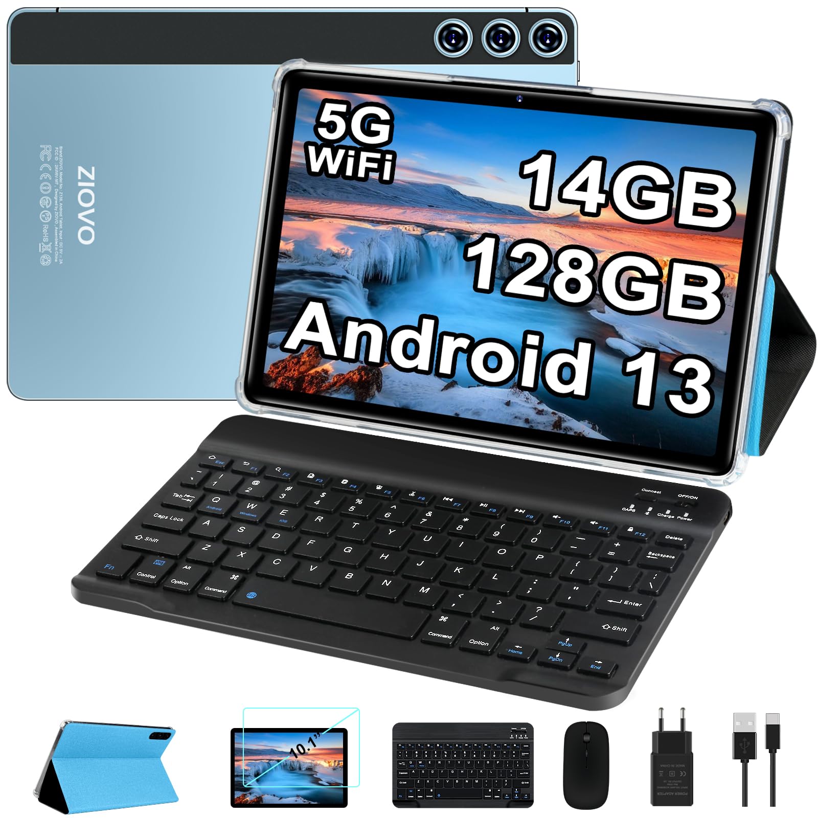 ZIOVO 2023 10.1 Inch Android 13 Tablet with Keyboard - 14GB RAM 128GB Storage (Expandable to 512GB), Octa-Core Processor, 8000mAh Battery, 8MP+5MP Dual Camera, Bluetooth, 2.4G/5G WiFi - Perfect for Work, Study, and Entertainment (Blue)