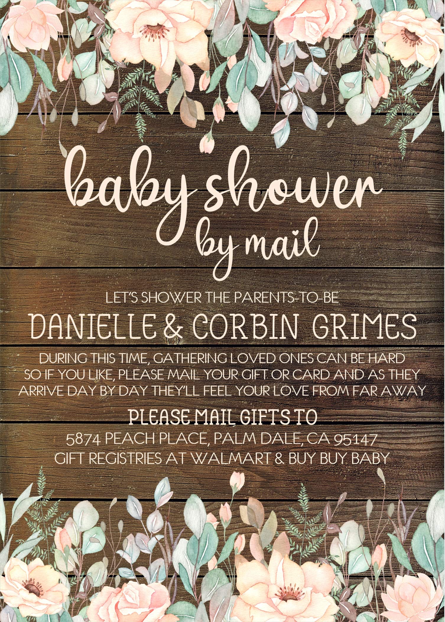 Rustic Peach and Mint Baby Shower Invitations for Girls - Printable & Virtual Invitation Card Sets with Matching Address Labels - Perfect for Long-Distance Celebrations and Virtual Baby Showers