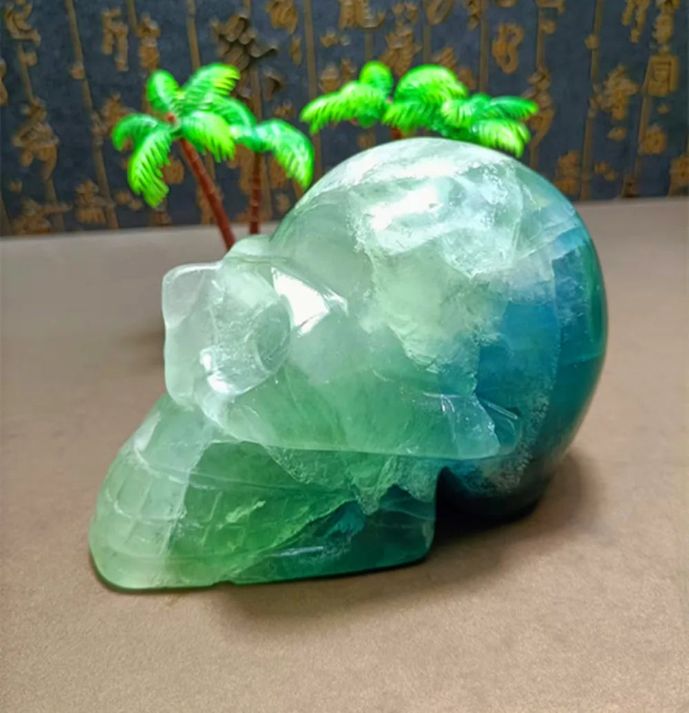 Natural Rare Sky Blue Fluorite Carved Quartz Crystal Skull - Reiki Healing Stone, Chakra Balancing Pendant, Home Decor for Meditation & Spiritual Healing