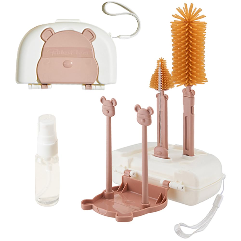 6-in-1 Baby Bottle Drying Rack & Cleaning Set with Silicone Brushes, Soap Dispenser & Storage Box - Perfect for Sterilizing, Drying and Organizing Baby Bottles, Pacifiers and Breast Pump Parts (Brown)