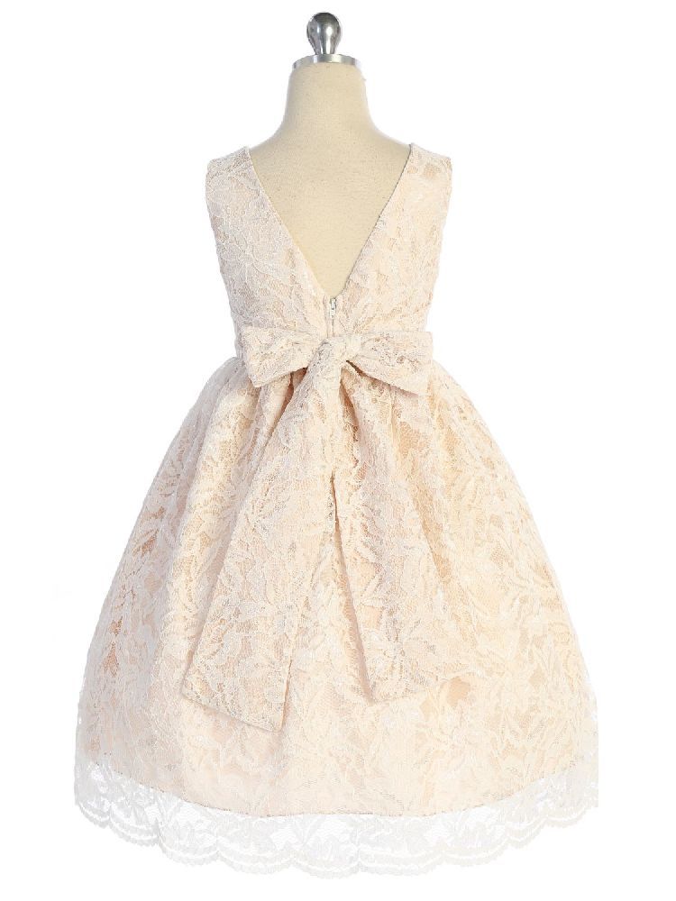 Champagne Lace V-Back Junior Bridesmaid Dress for Big Girls - Sizes 8-14 | Perfect for Weddings, Prom, and Formal Events